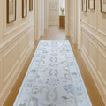 Cream Blue Oushak Runner Rug - Washable Short Hallway Runner