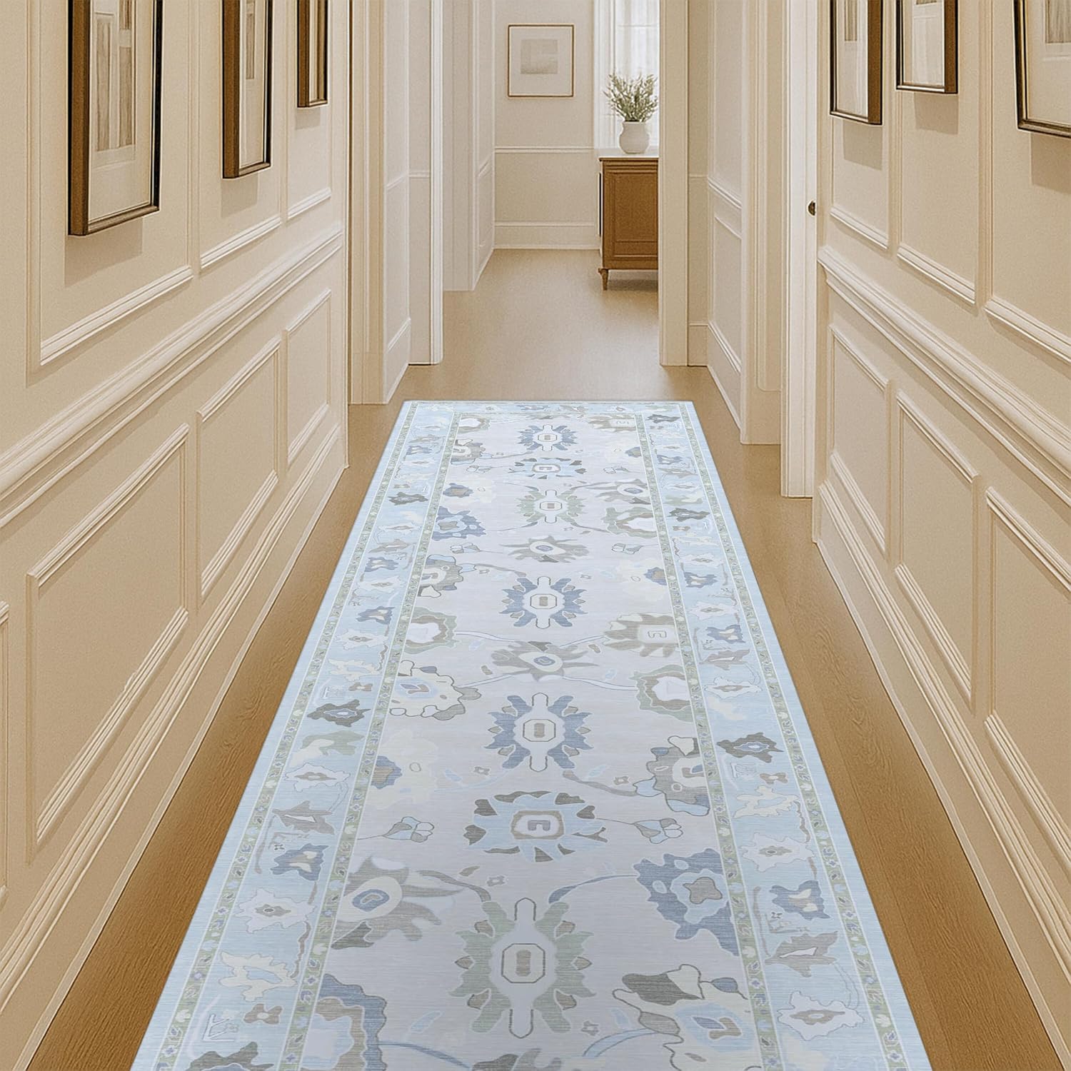 Cream Blue Oushak Runner Rug for Hallway and Entryway Use