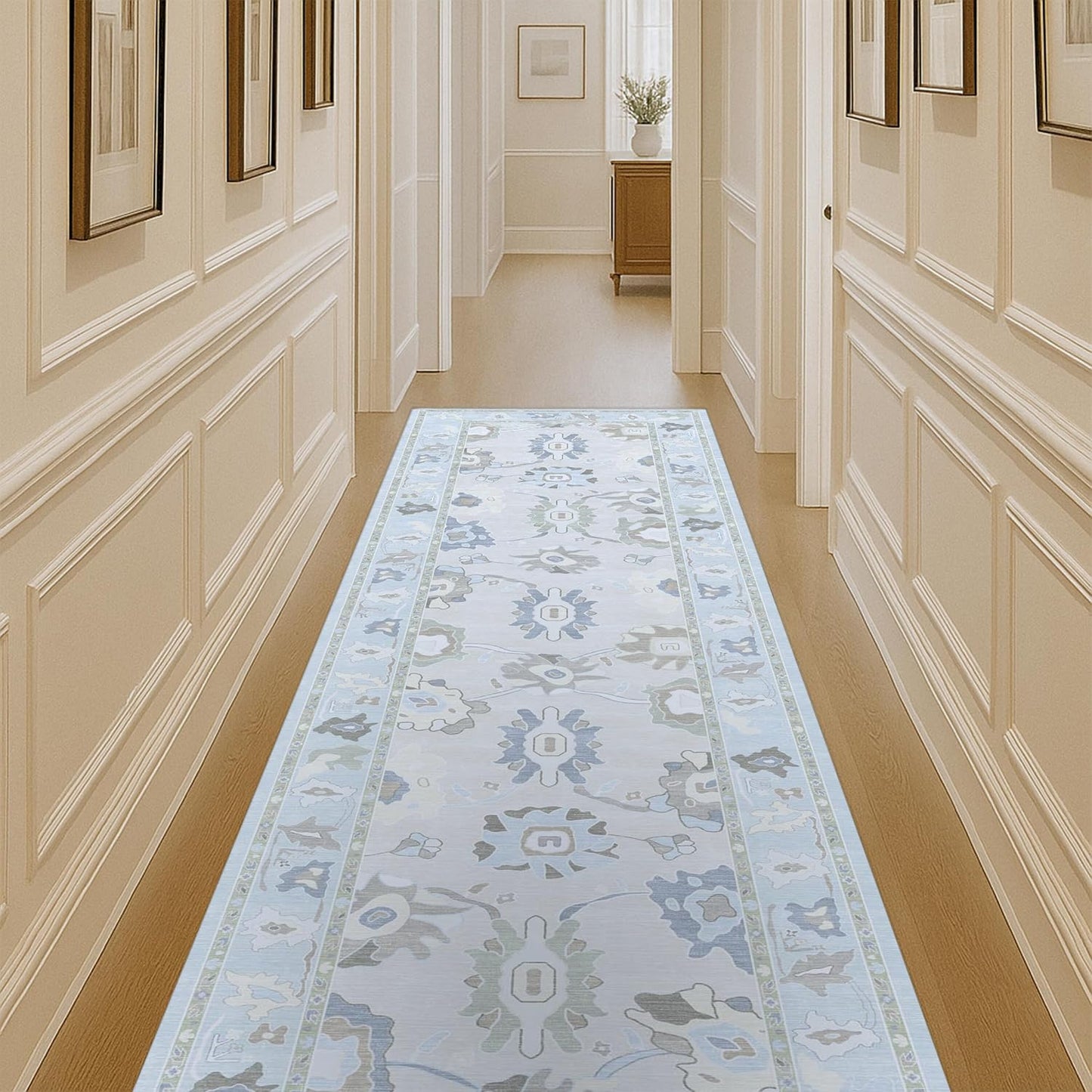 Cream Blue Oushak Rug for Modern and Vintage Decor Styles