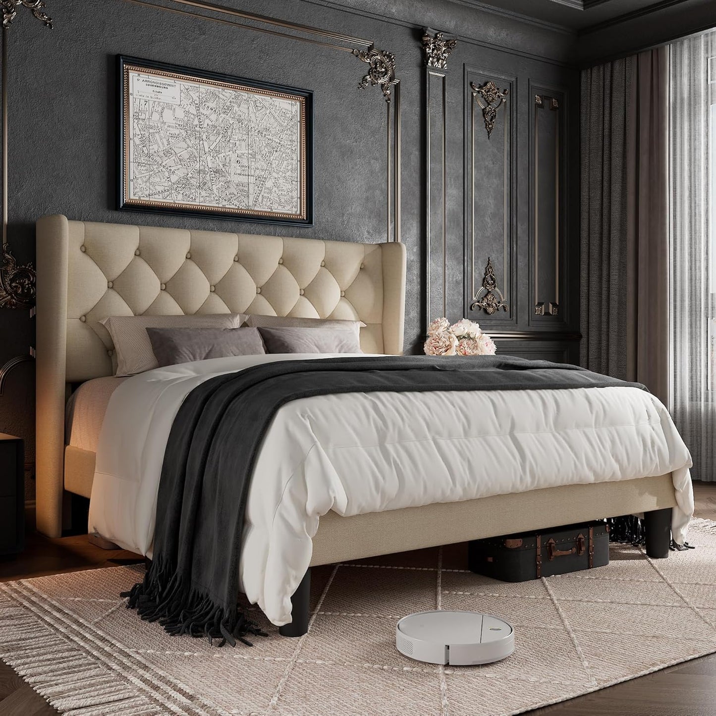 Queen Size Bed Frame with Stylish Upholstered Headboard