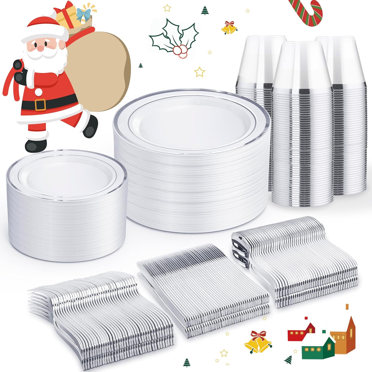 WELLIFE 450 PCS Silver Disposable Dinnerware Set for 75 Guests