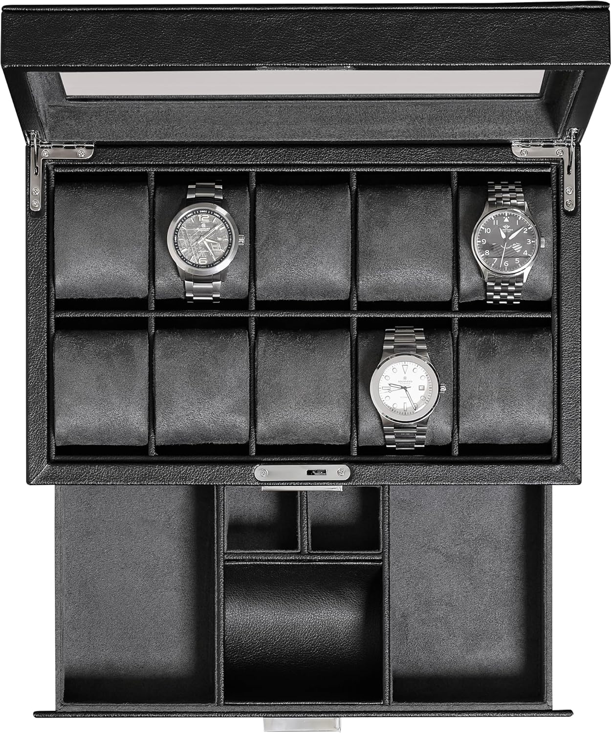 ROTHWELL Luxury 10-Slot Watch Box with Valet Drawer