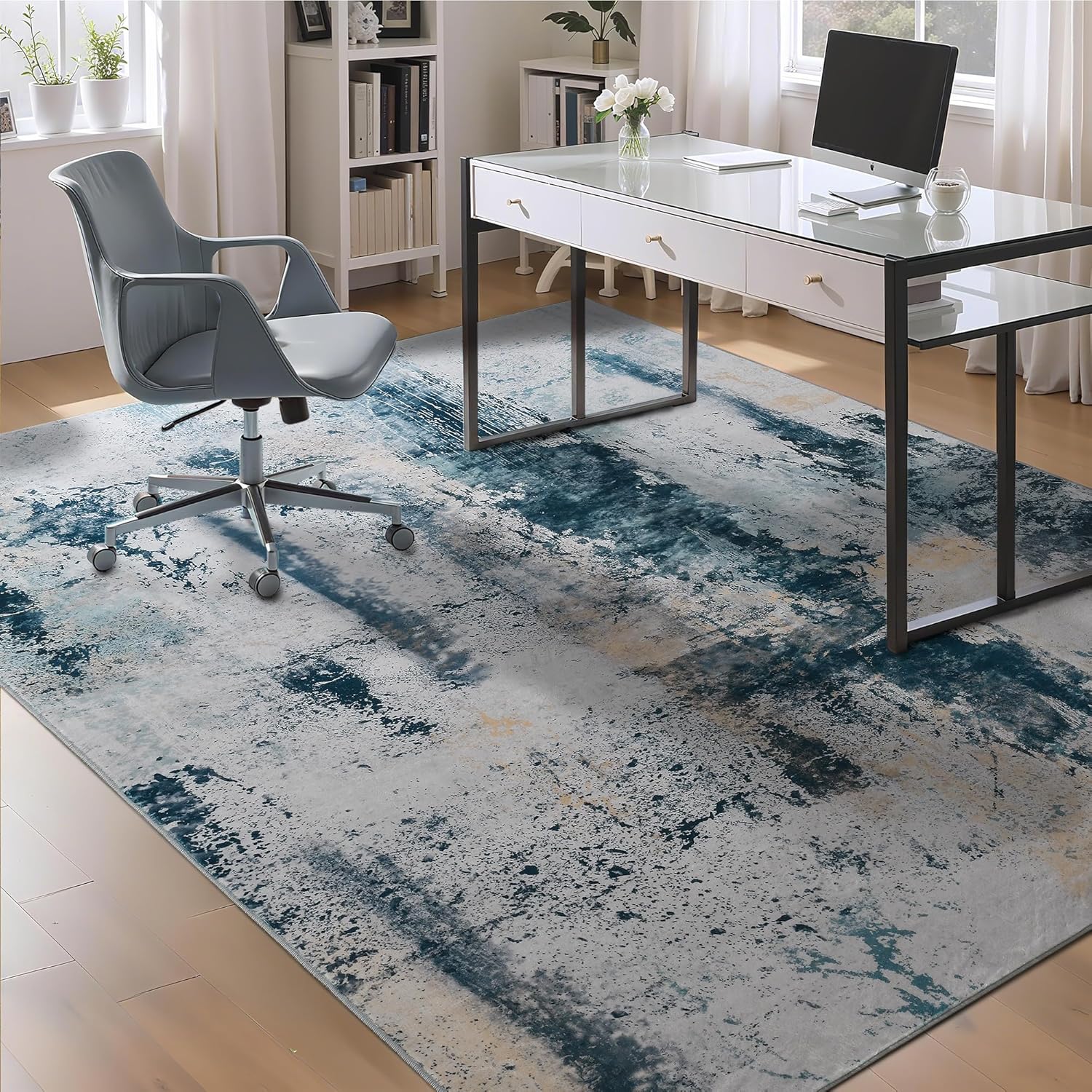 9x11 Aqua Blue Area Rug - Machine Washable Abstract Boho Design