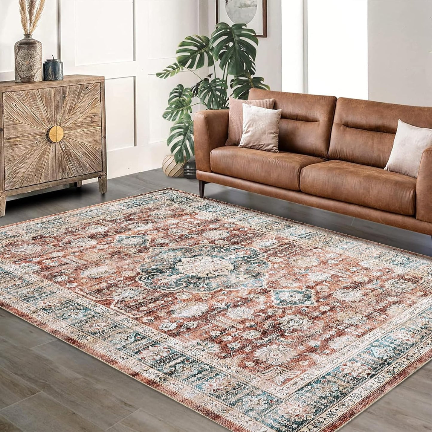 Vintage Washable Area Rug for Living Room with Non-Slip Backing