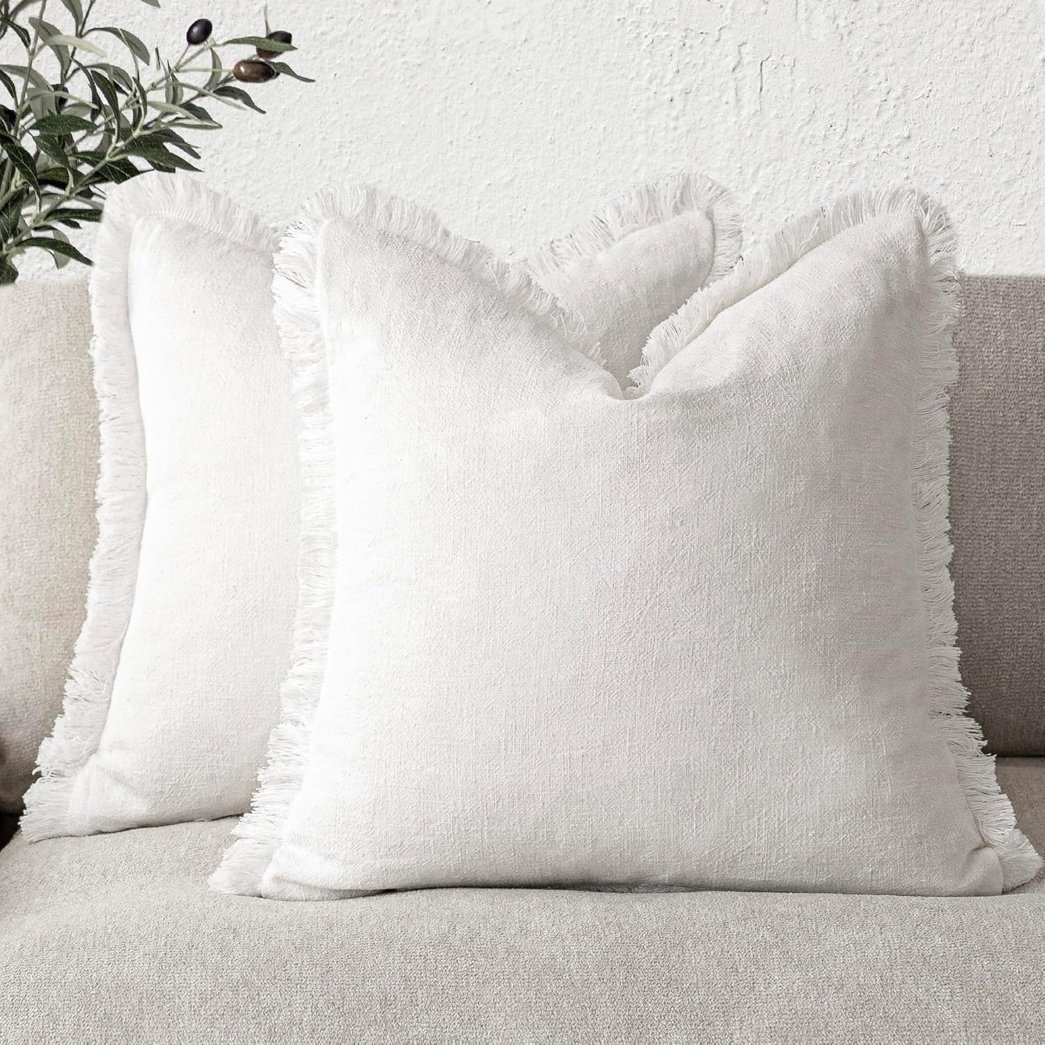 Foindtower Decorative Linen Fringe Throw Pillow Covers Set of 2