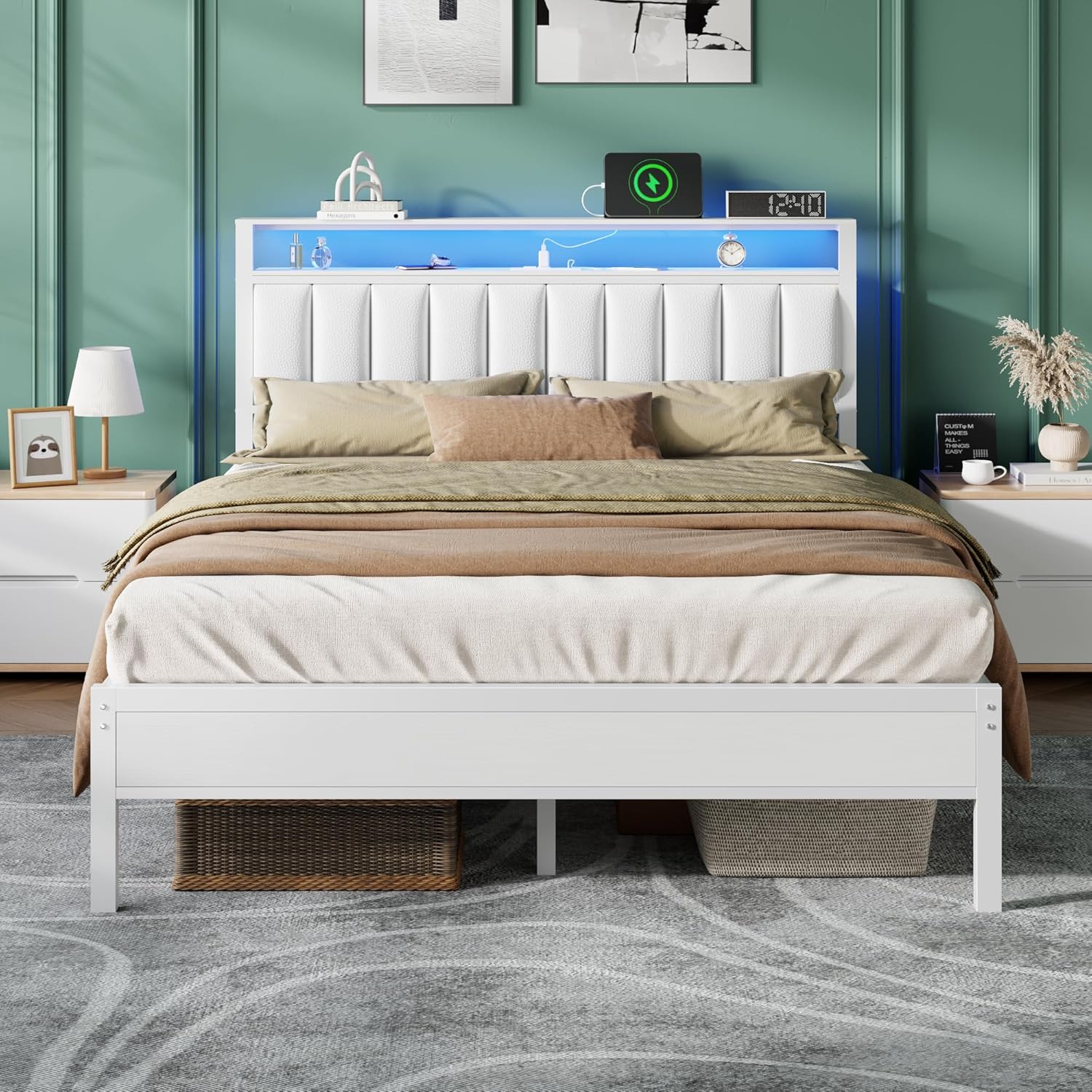 Furnulem White Queen Bed Frame with LED Lights and Charging Station