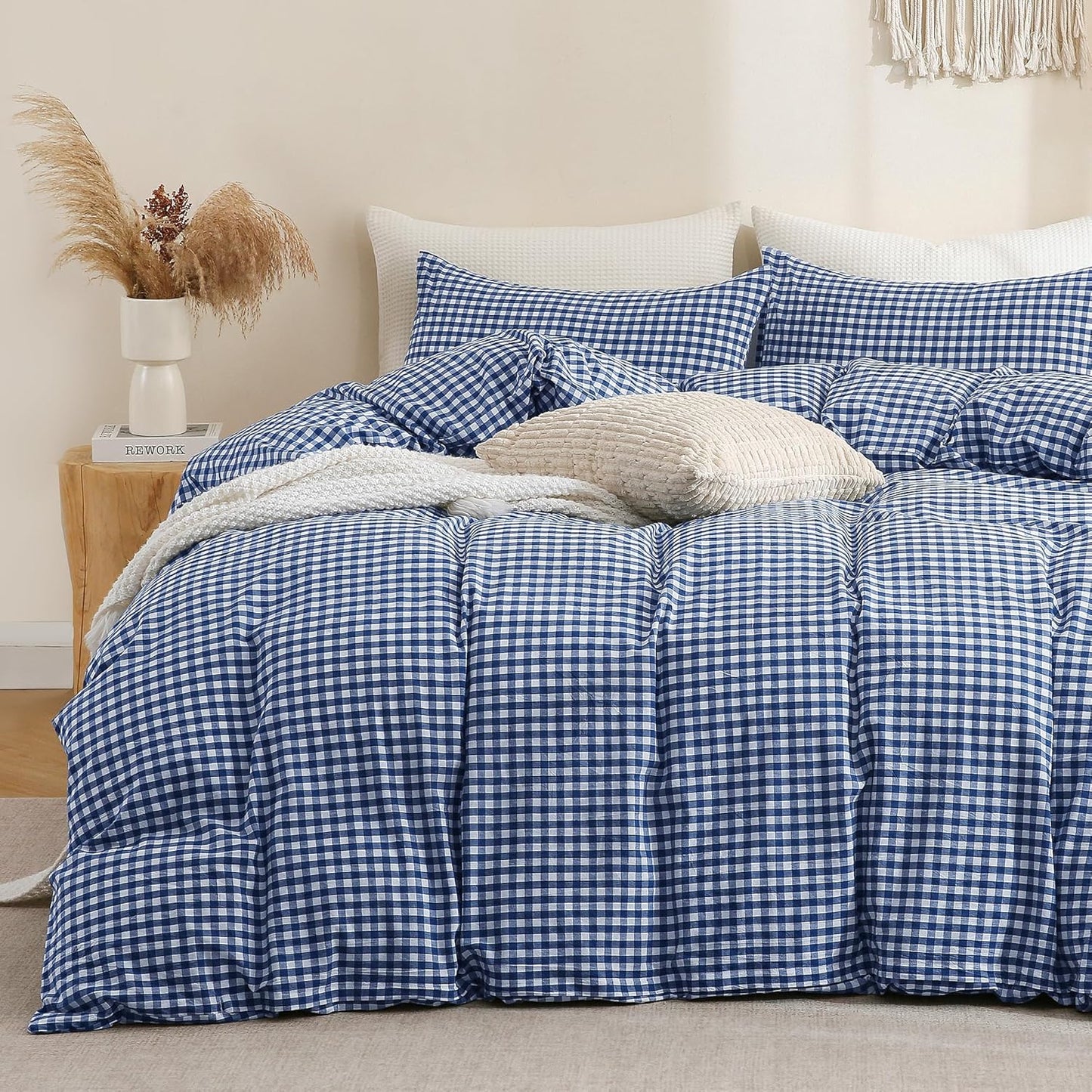 TOCOMOA Navy Blue Gingham Duvet Cover Set for Comfort