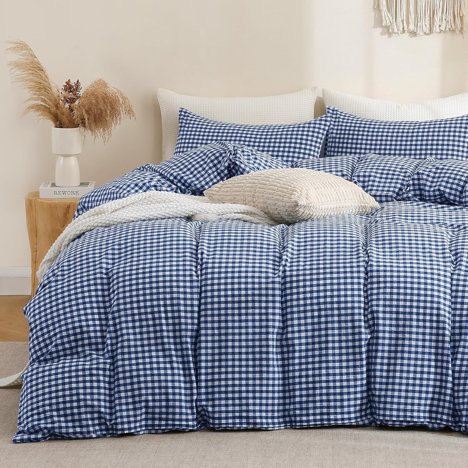 TOCOMOA Navy Blue Gingham Duvet Cover Set for Comfort