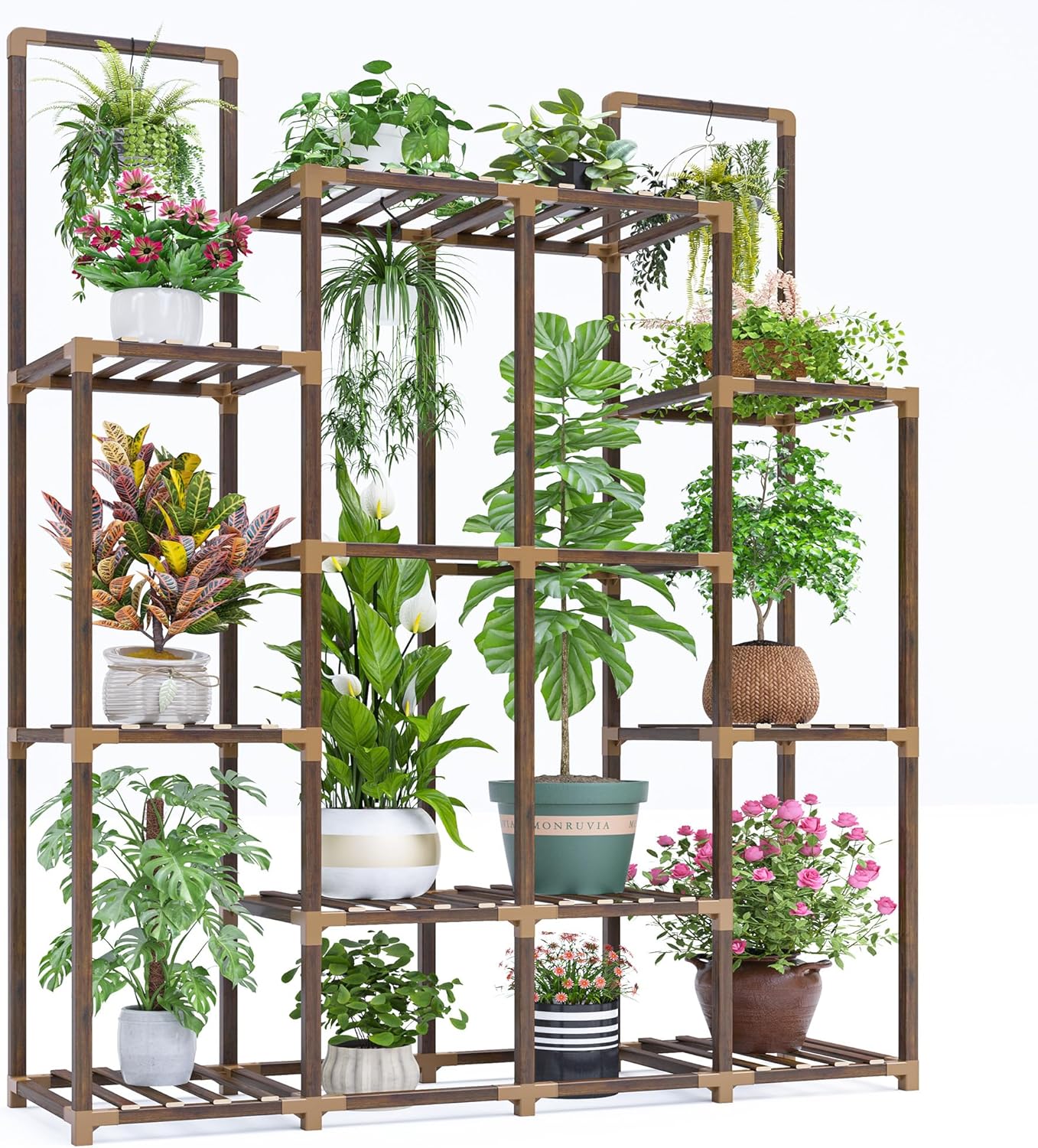 EnHomee Tall Plant Stand Indoor for 14 Pots - Large Wood Shelf