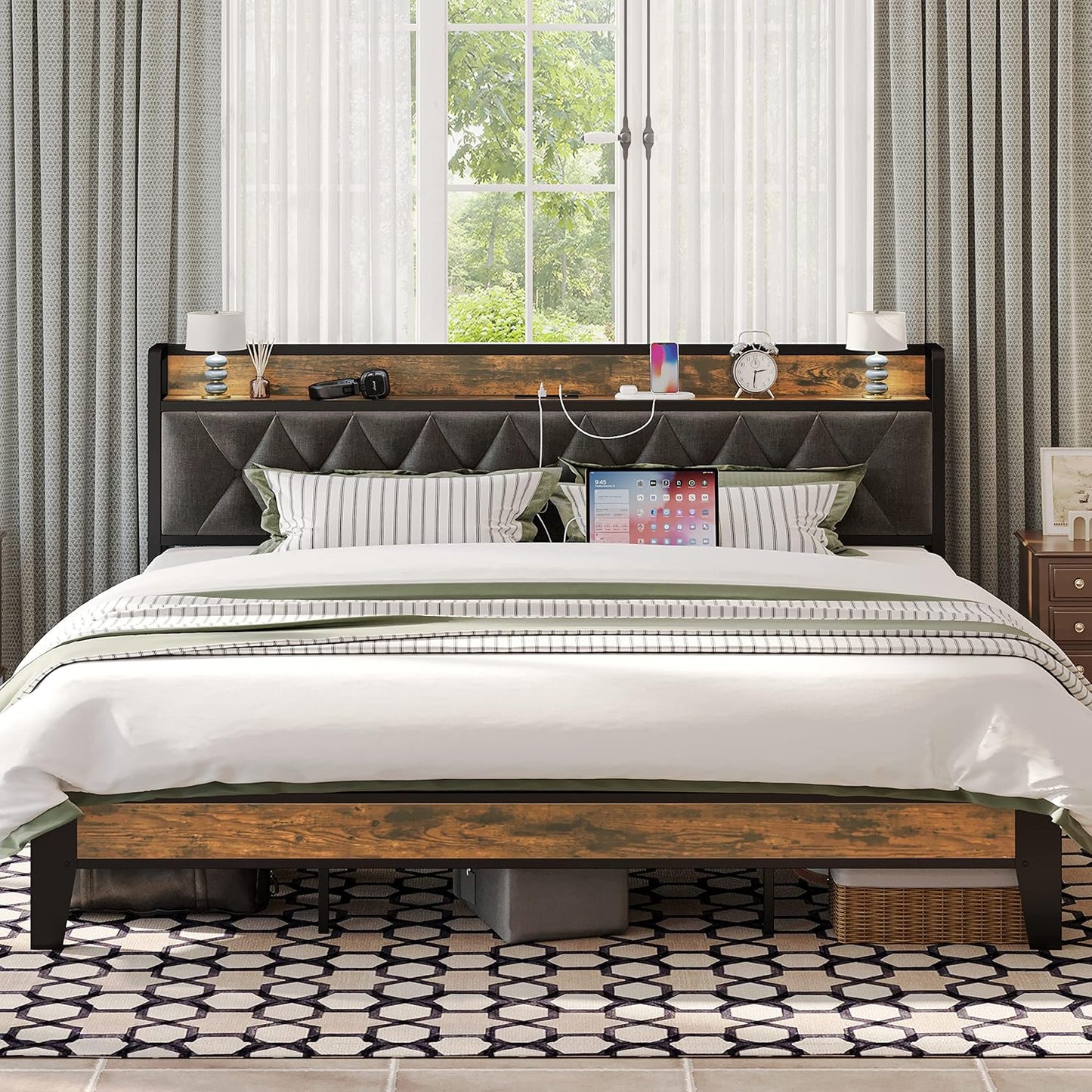 ANCOTOR King Size Bed Frame with Storage Headboard and Outlets
