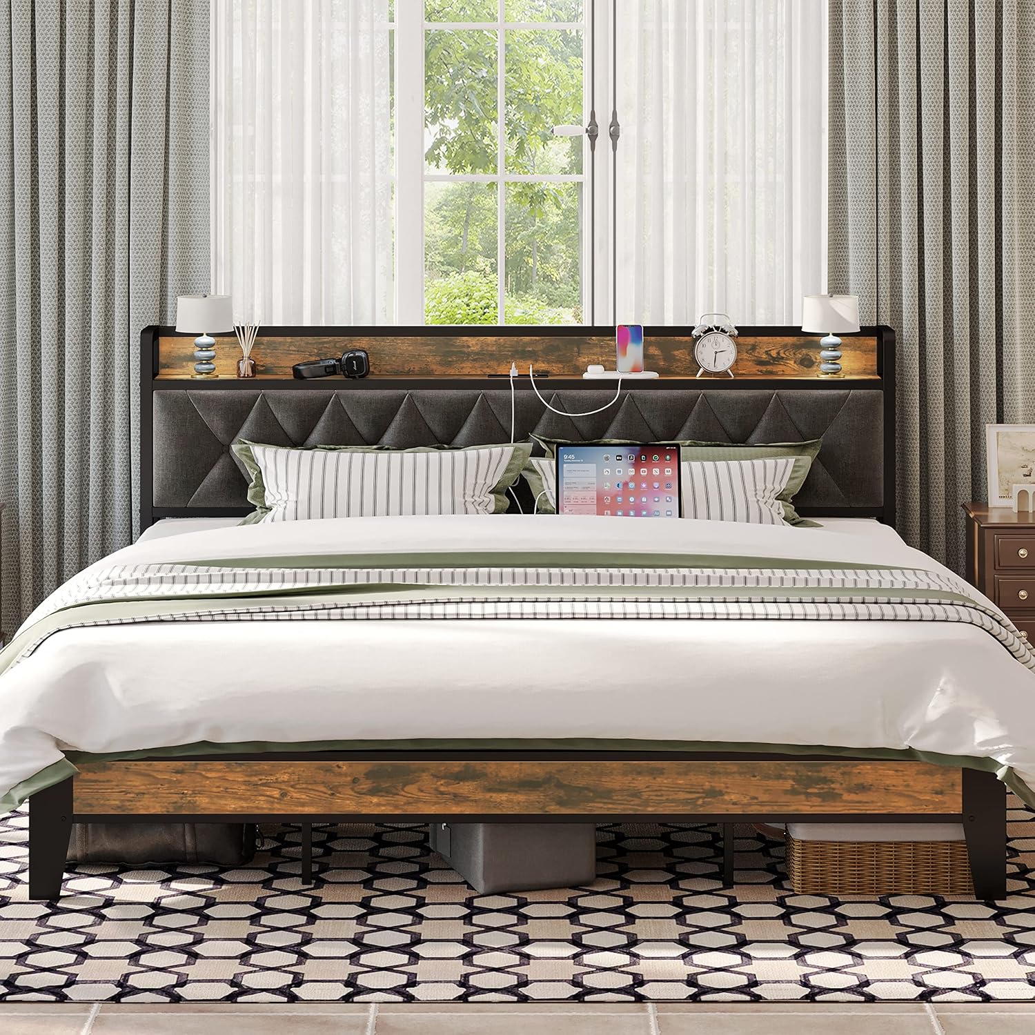 ANCOTOR King Size Bed Frame with Storage Headboard and Outlets