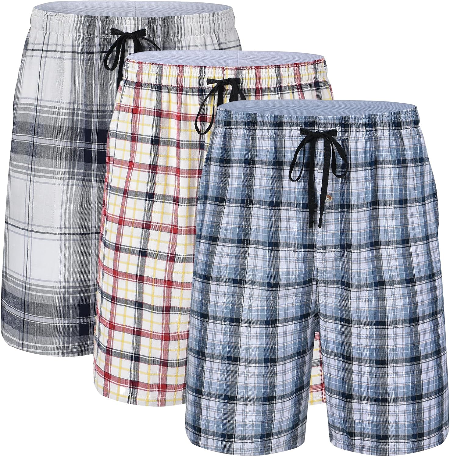 Men's Cotton Plaid Sleepwear Shorts - 3-Pack Woven Pajama Set
