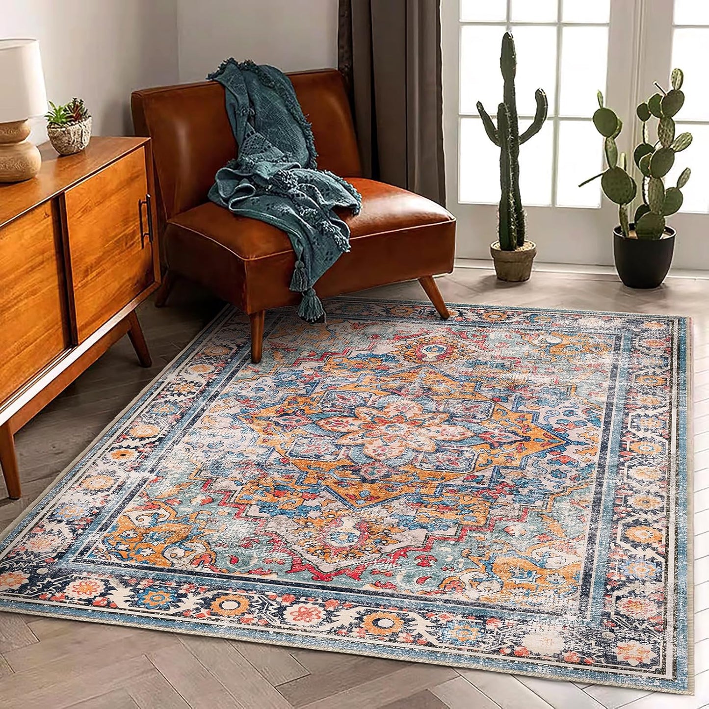 Washable Area Rug 5ftx7ft Retro Boho Chic Medallion Design