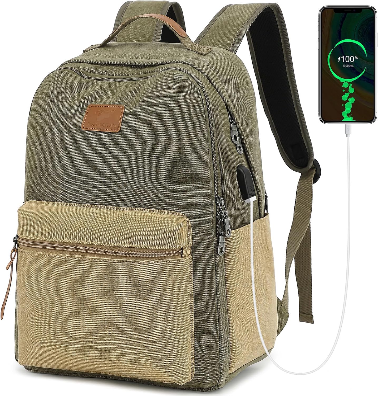 Waterproof Canvas Backpack with USB Port for College Students