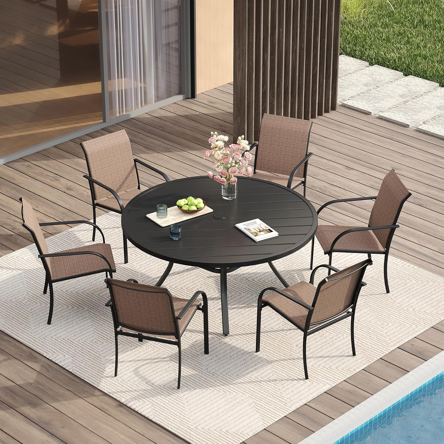 VICLLAX Patio Dining Set for 6 with Round Table and Chairs