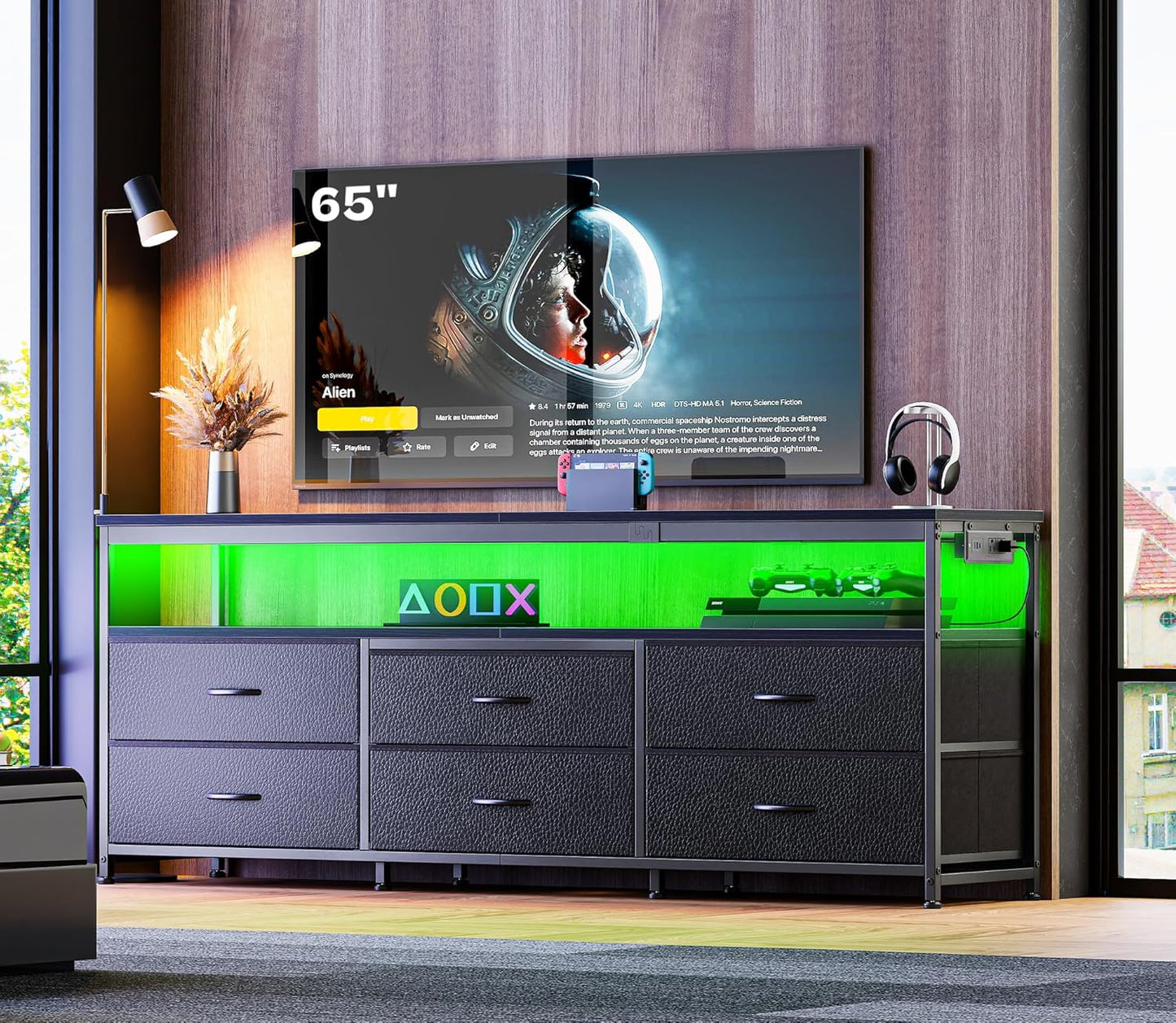 Huuger 63 Inch TV Stand with LED Lights and Power Outlets