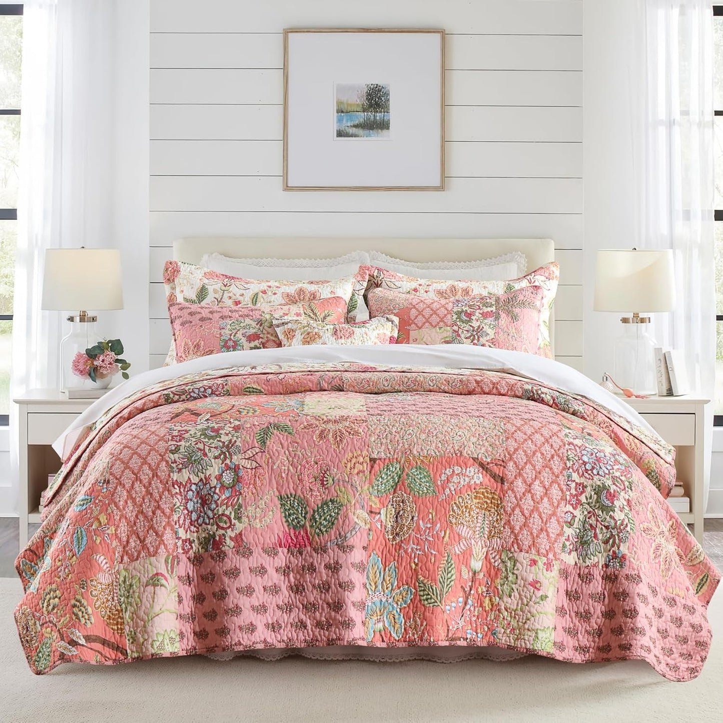 NEWLAKE Cotton Patchwork Bedspread Set for Queen Size Beds