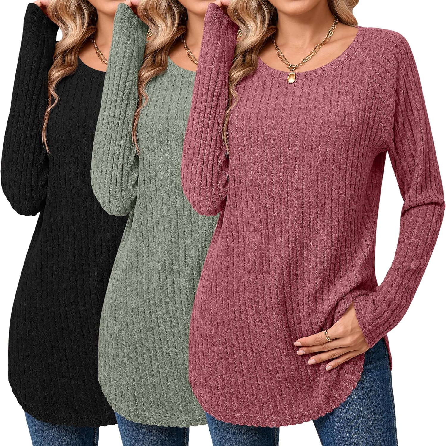 Ficerd Women's Curved Hem Long Sleeve Sweaters 3 Pack Tunics