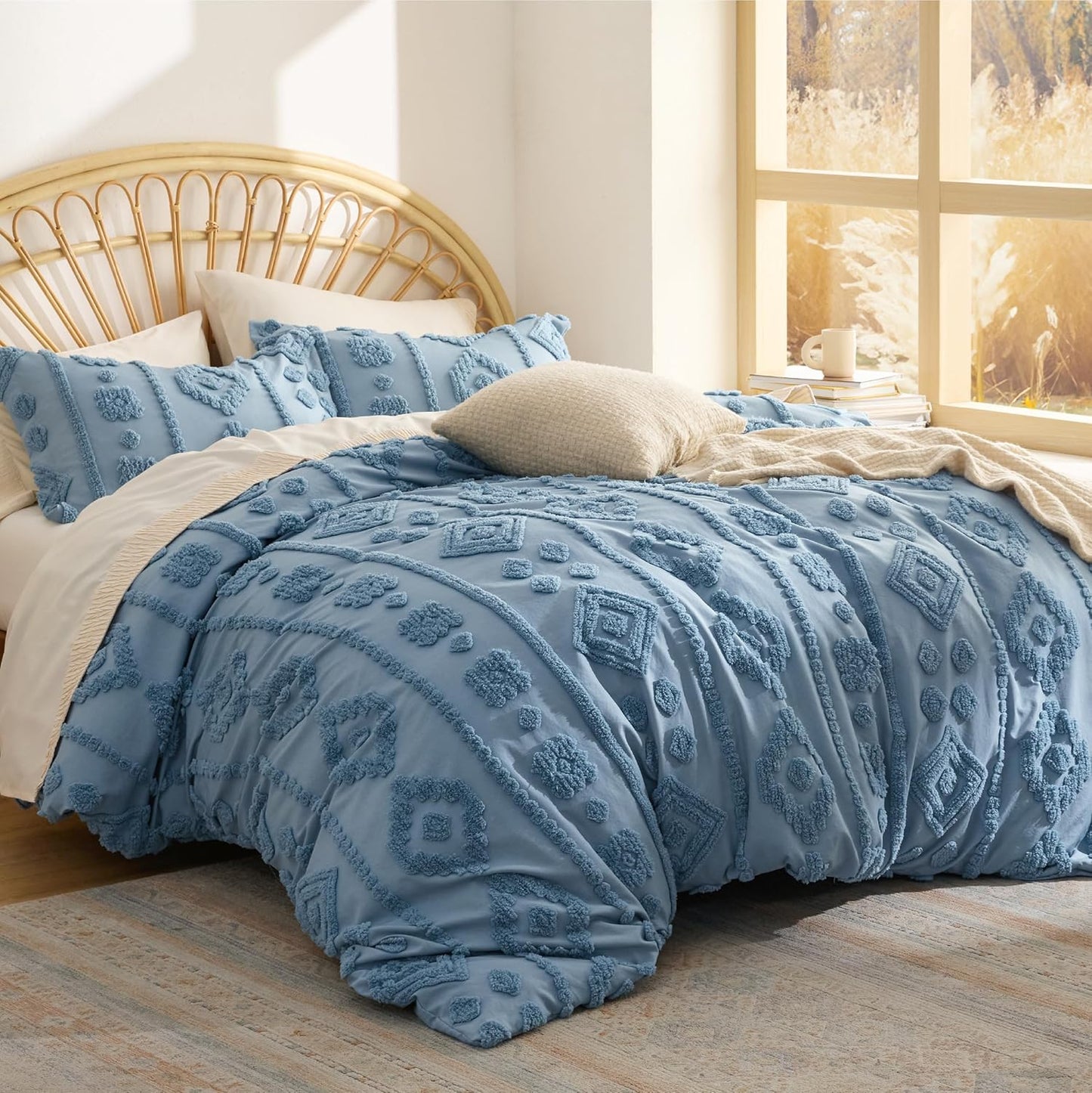 Bedsure King Size Comforter Set - Grayish Blue Tufted Boho