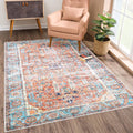 Washable Non-Slip 9 ft x 12 ft Orange Blue Traditional Rug - Easy Care