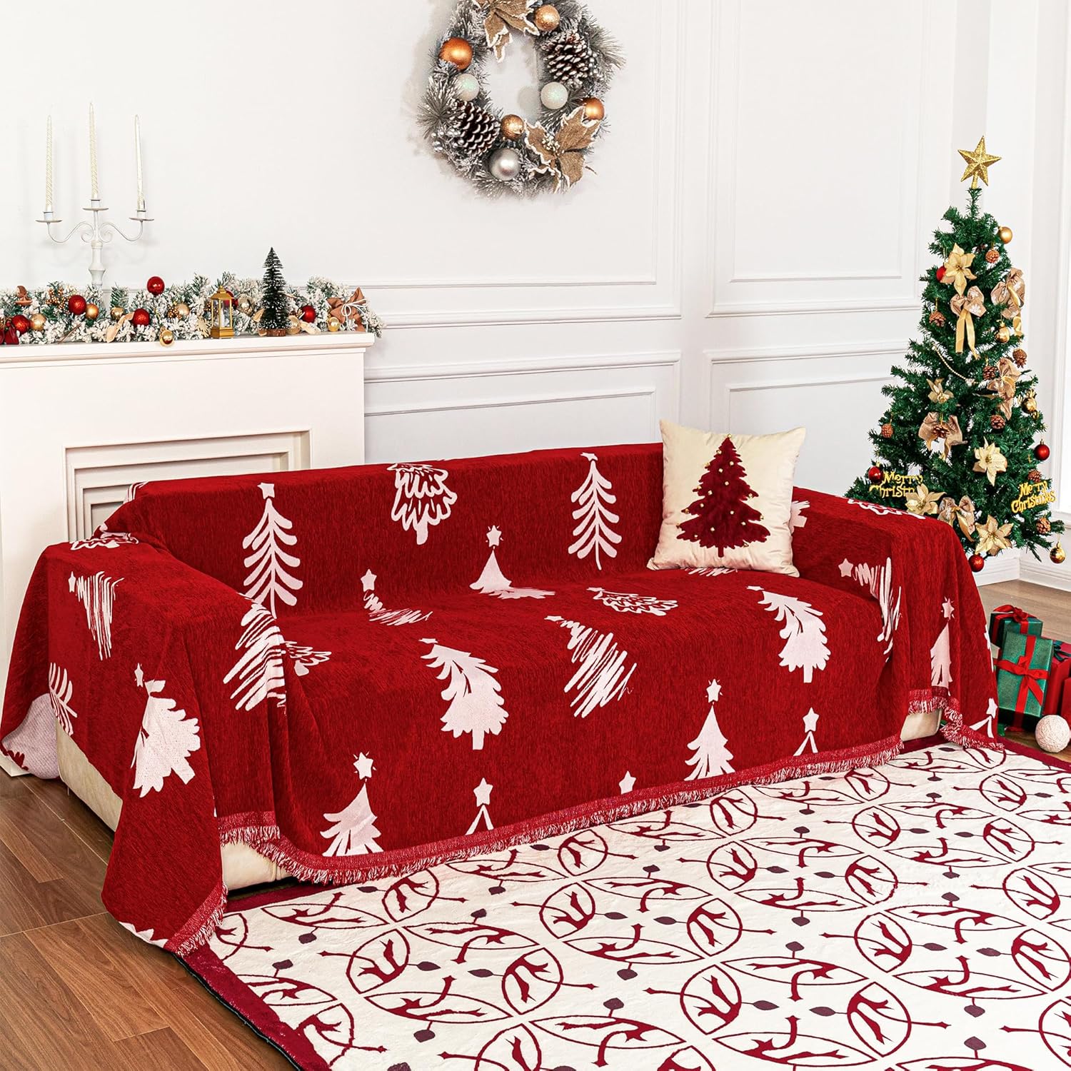 MYSKY HOME Loveseat Christmas Couch Cover for 2 Cushion Sofa