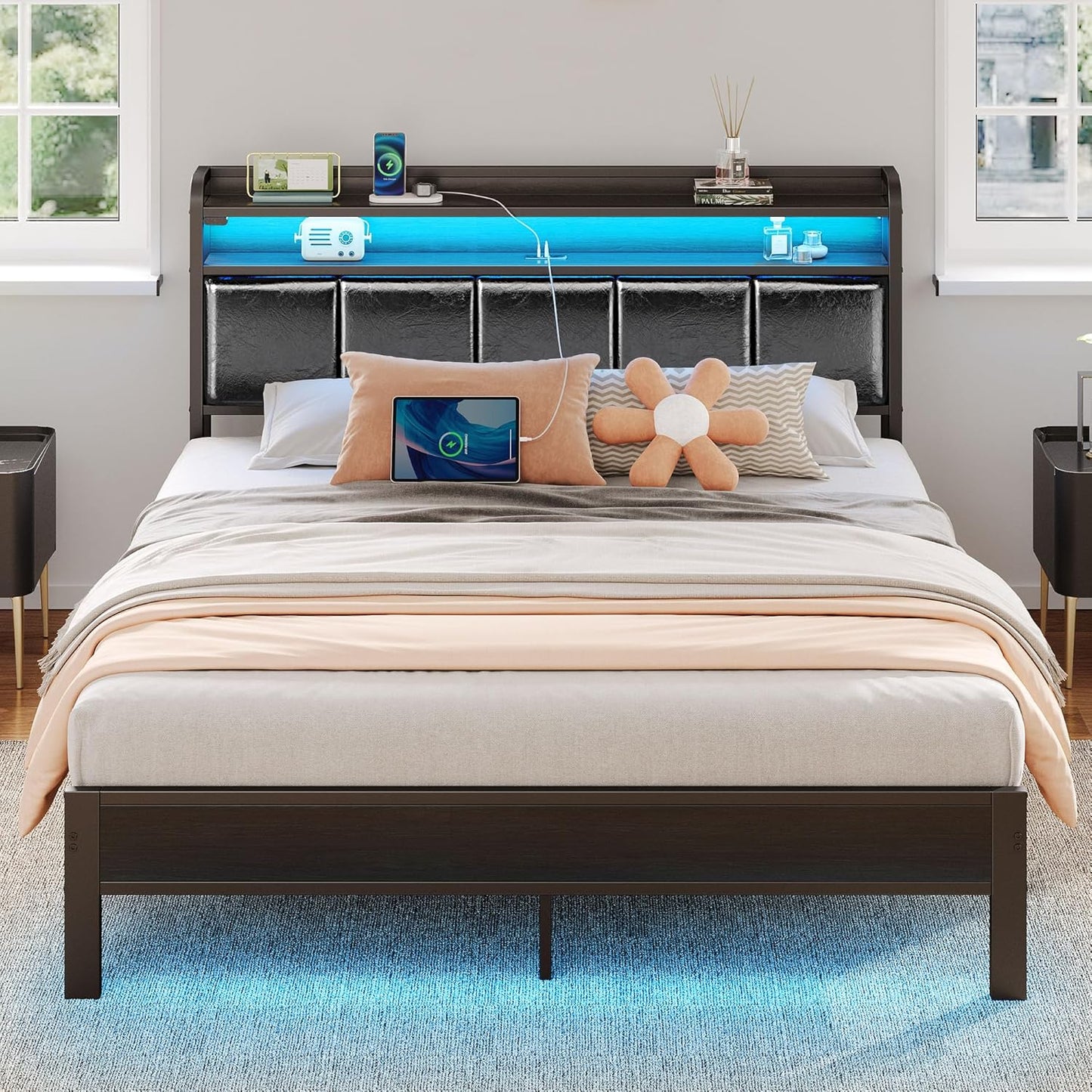 Rolanstar Queen Bed Frame with LED Lights and Charging Station