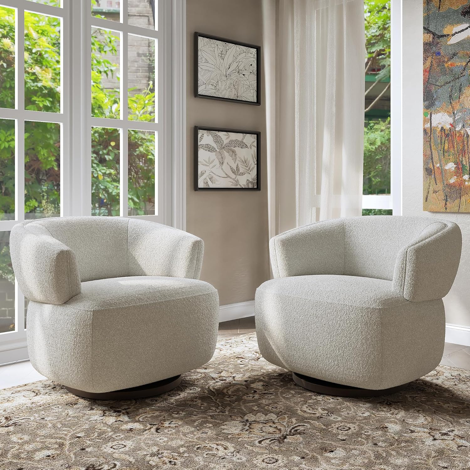 Modern Beige Swivel Barrel Chairs x2 | 360-Degree Base for Ultimate Comfort