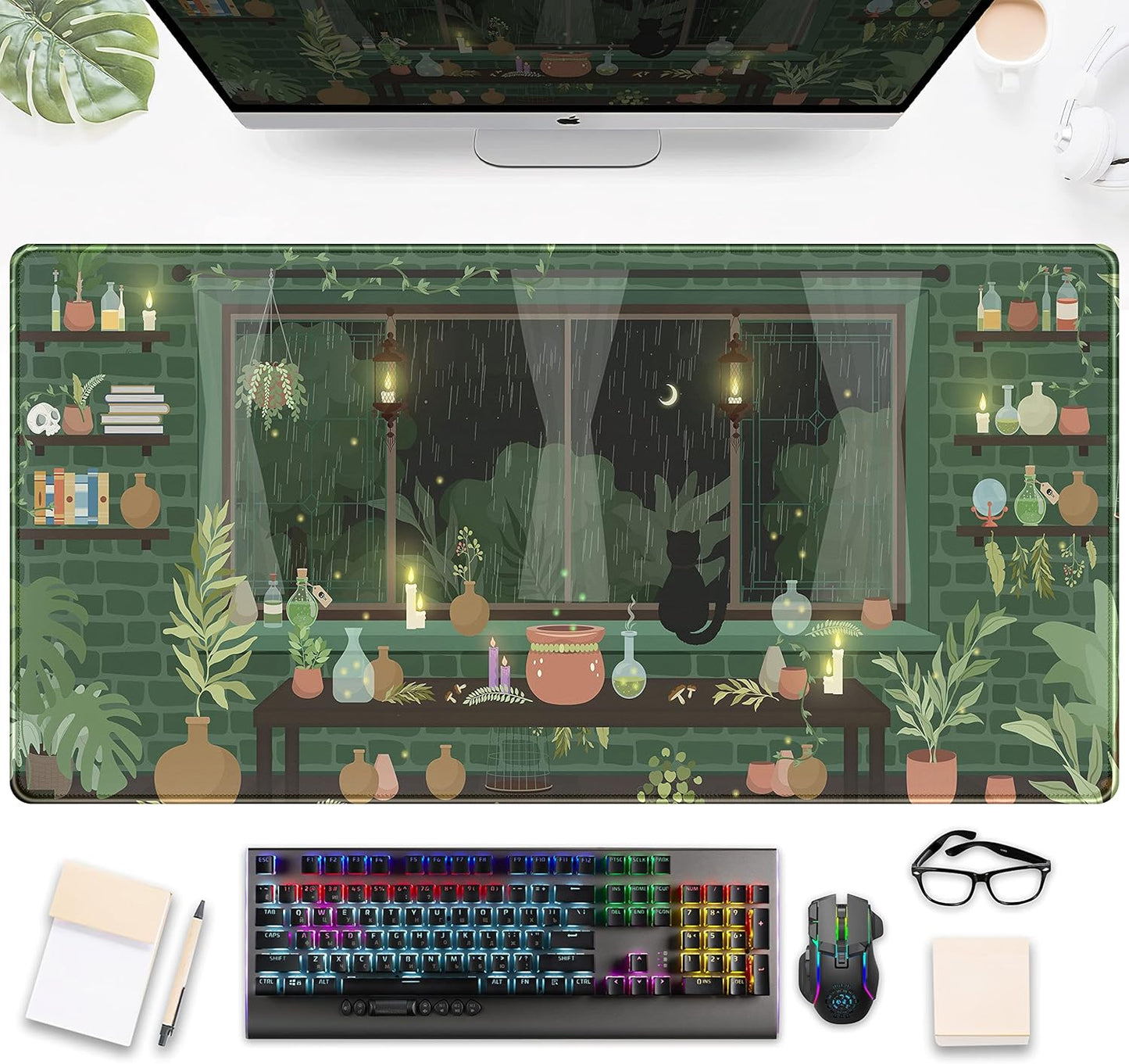 Kawaii Anime Cat & Fireflies XXL Desk Pad - Green Plants, Moonlight Aesthetic - 31.5x15.75