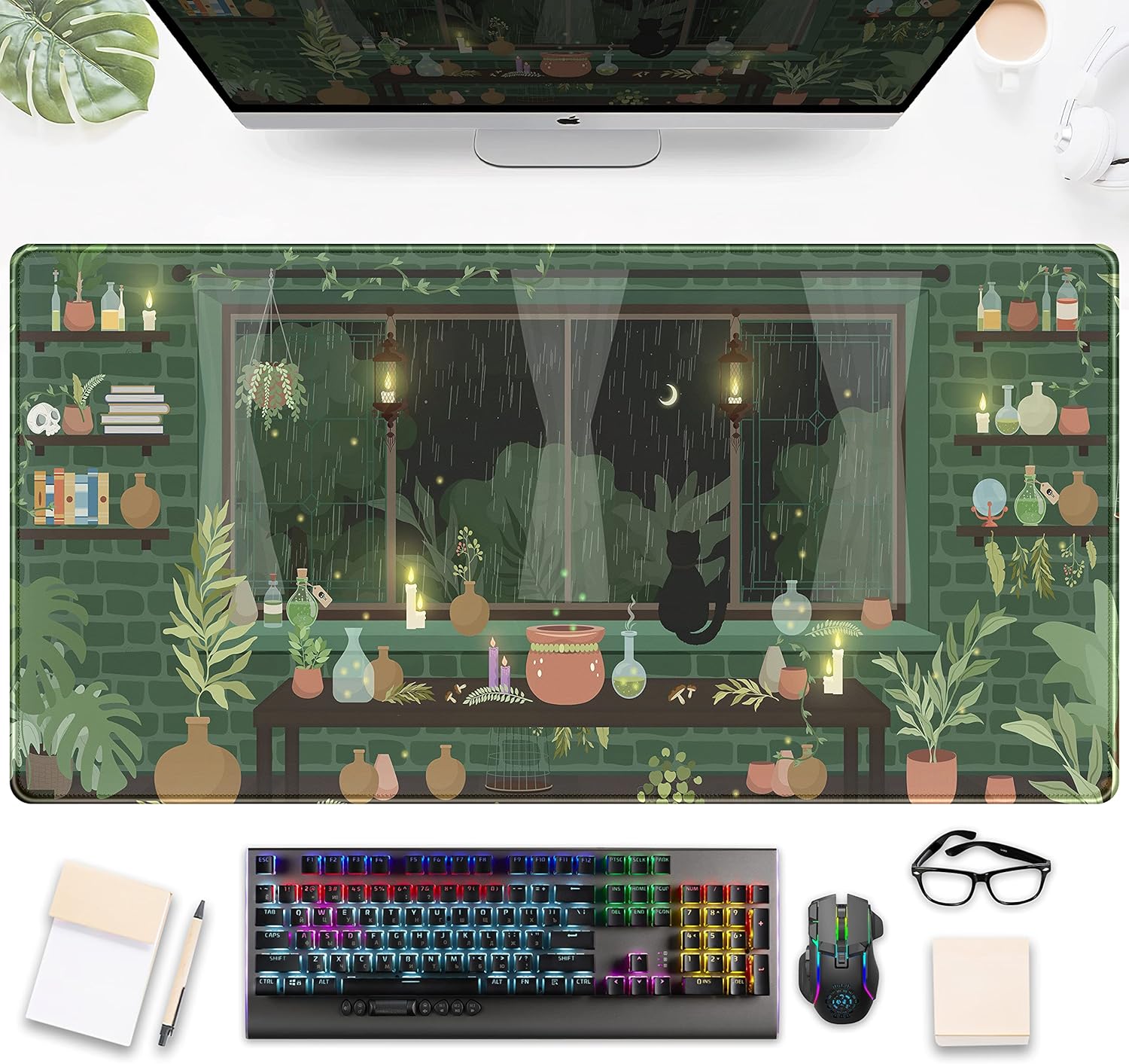 Kawaii Anime Cat & Fireflies XXL Desk Pad - Green Plants, Moonlight Aesthetic - 31.5x15.75