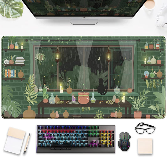 Kawaii Anime Cat & Fireflies XXL Desk Pad - Green Plants, Moonlight Aesthetic - 31.5x15.75