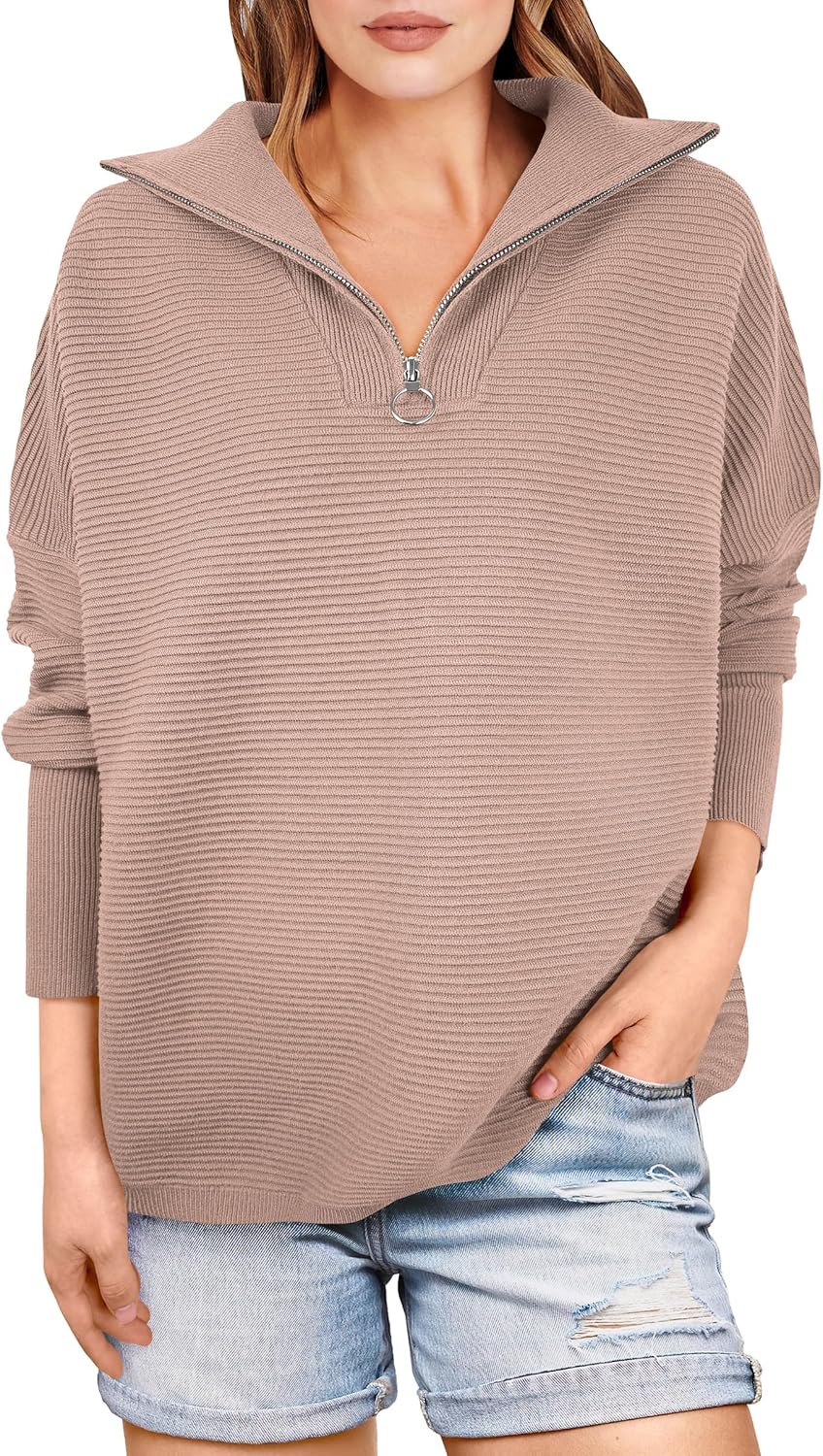 ANRABESS Women Quarter Zip Oversized Cozy Pullover Sweater
