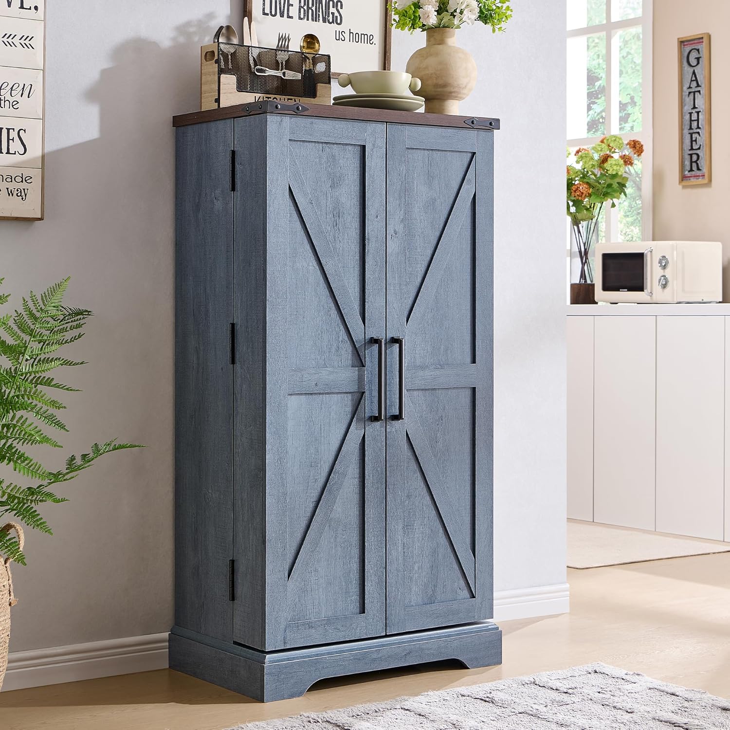 Rustic Blue 47 Kitchen Pantry with Barn Doors for Storage
