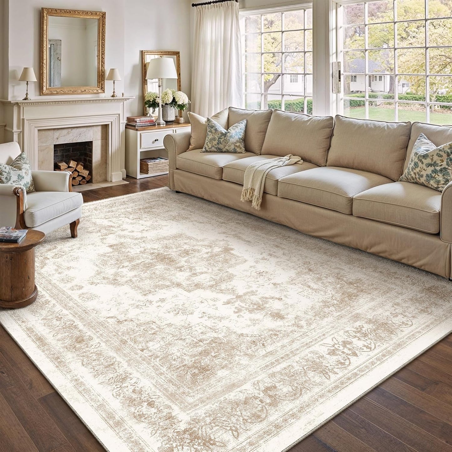 Vintage Medallion Area Rug 10x12 Soft Non Slip Beige Carpet