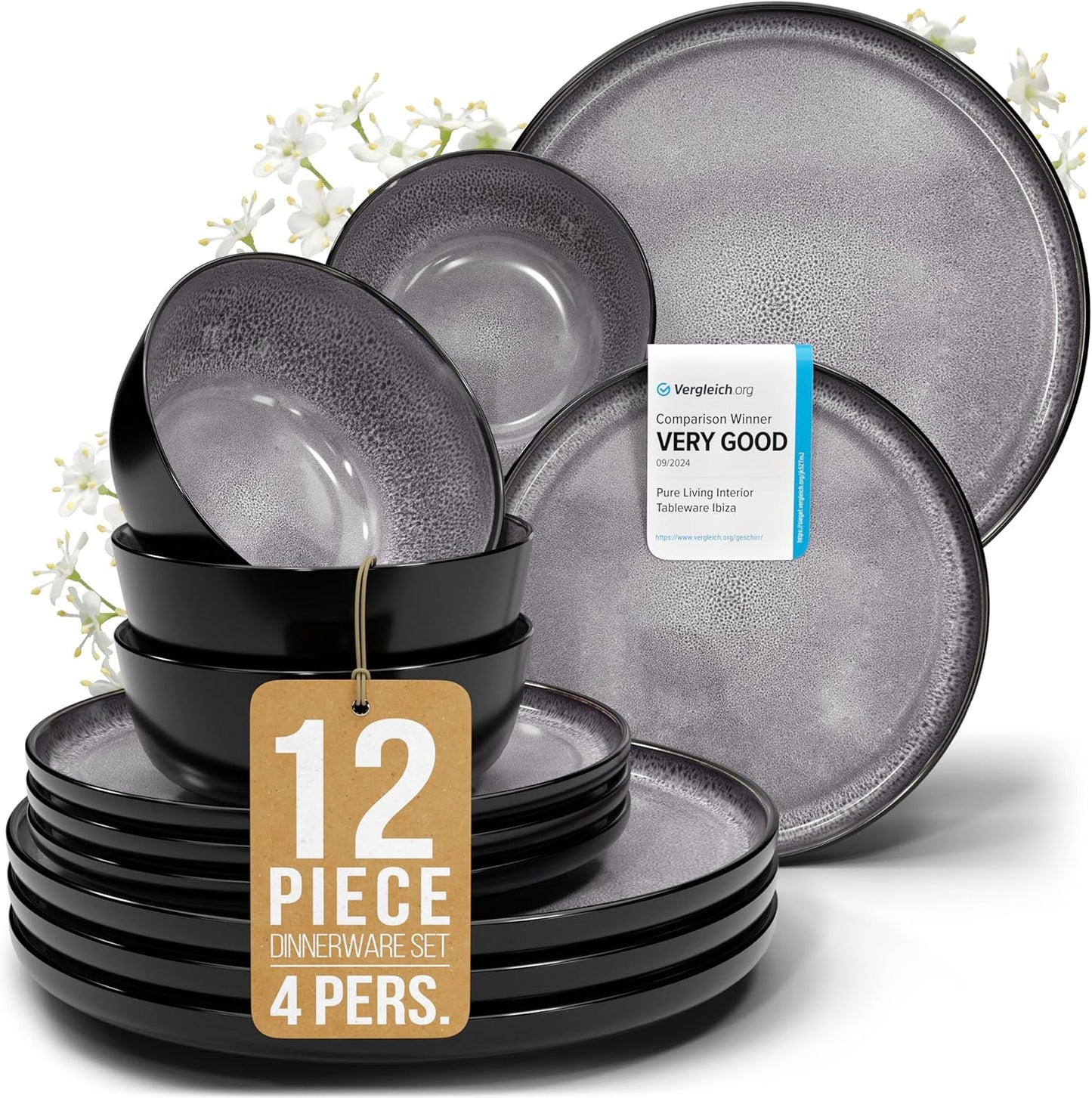 Stoneware Dinnerware Set for 4 Persons - Modern 12 Pcs