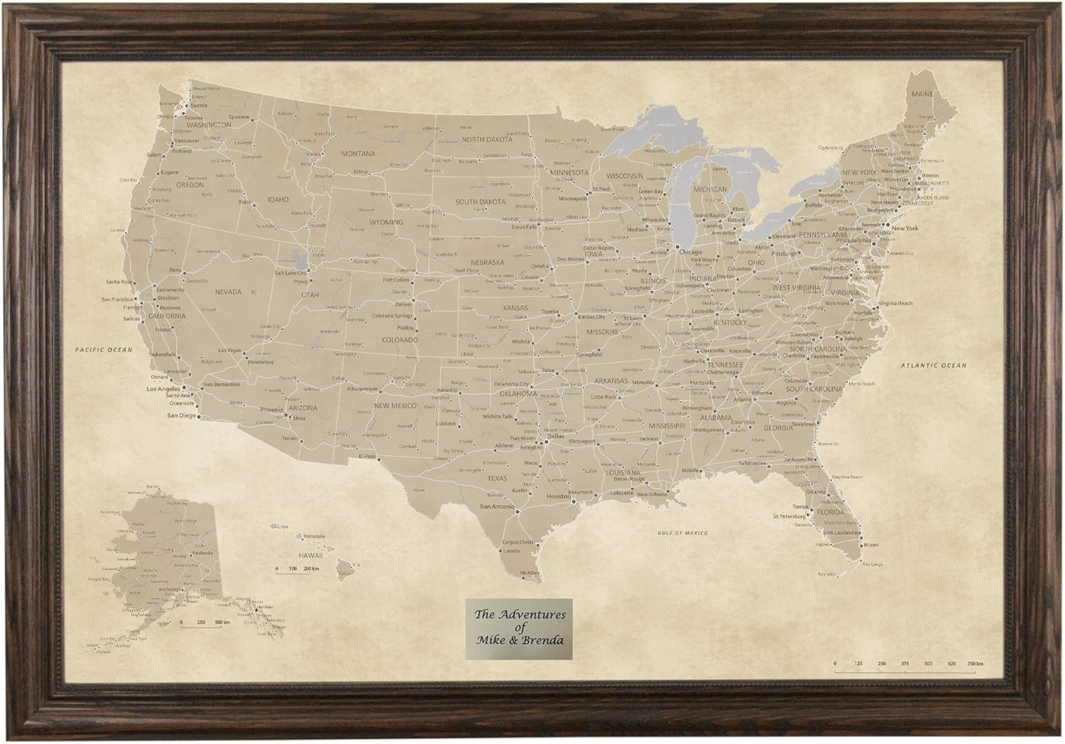 Personalized Vintage USA Push Pin Travel Map for Adventurers