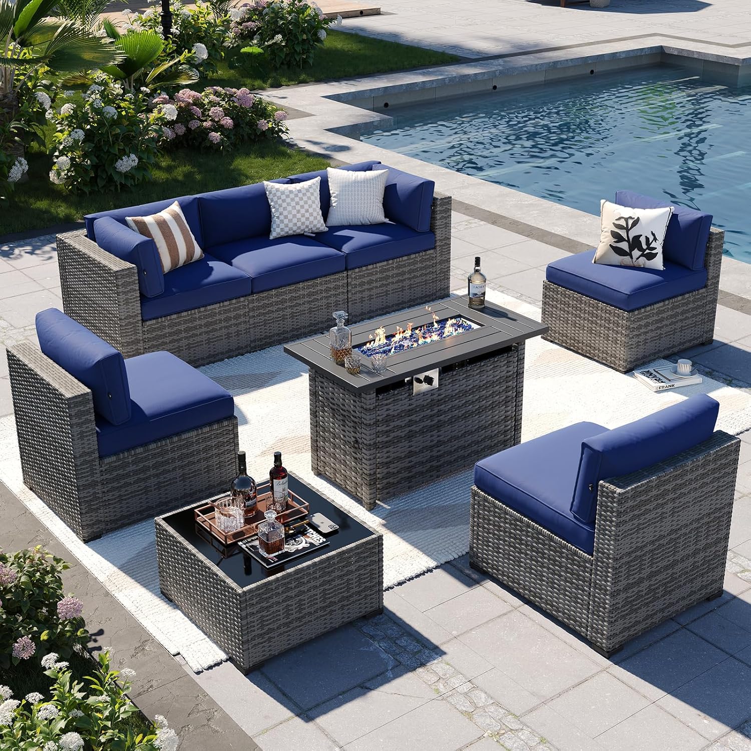 Aoxun 8-Piece Outdoor Patio Furniture Set with Firepit Table