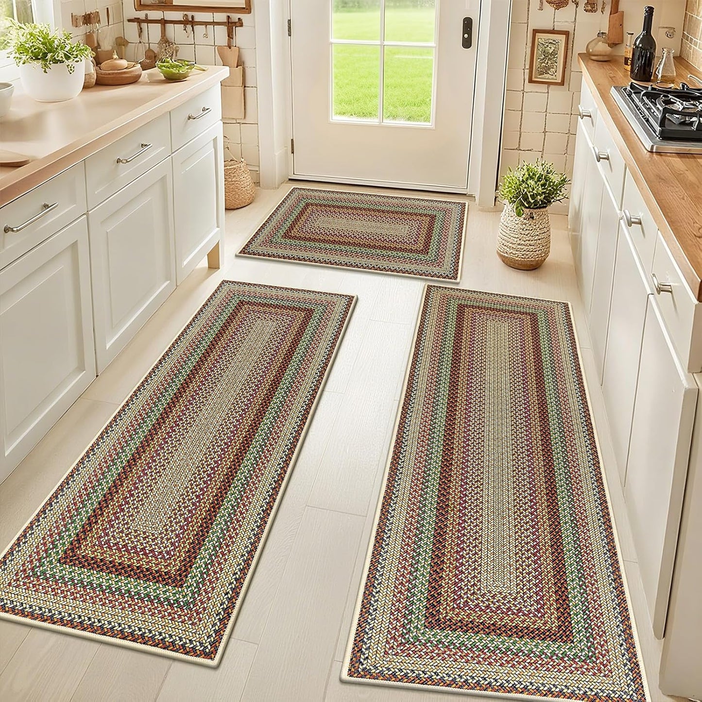 HEBE Washable Kitchen Rugs Set of 3, Non-Slip Absorbent Mats