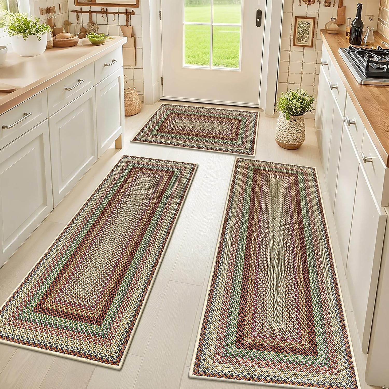 HEBE Washable Kitchen Rugs Set of 3, Non-Slip Absorbent Mats