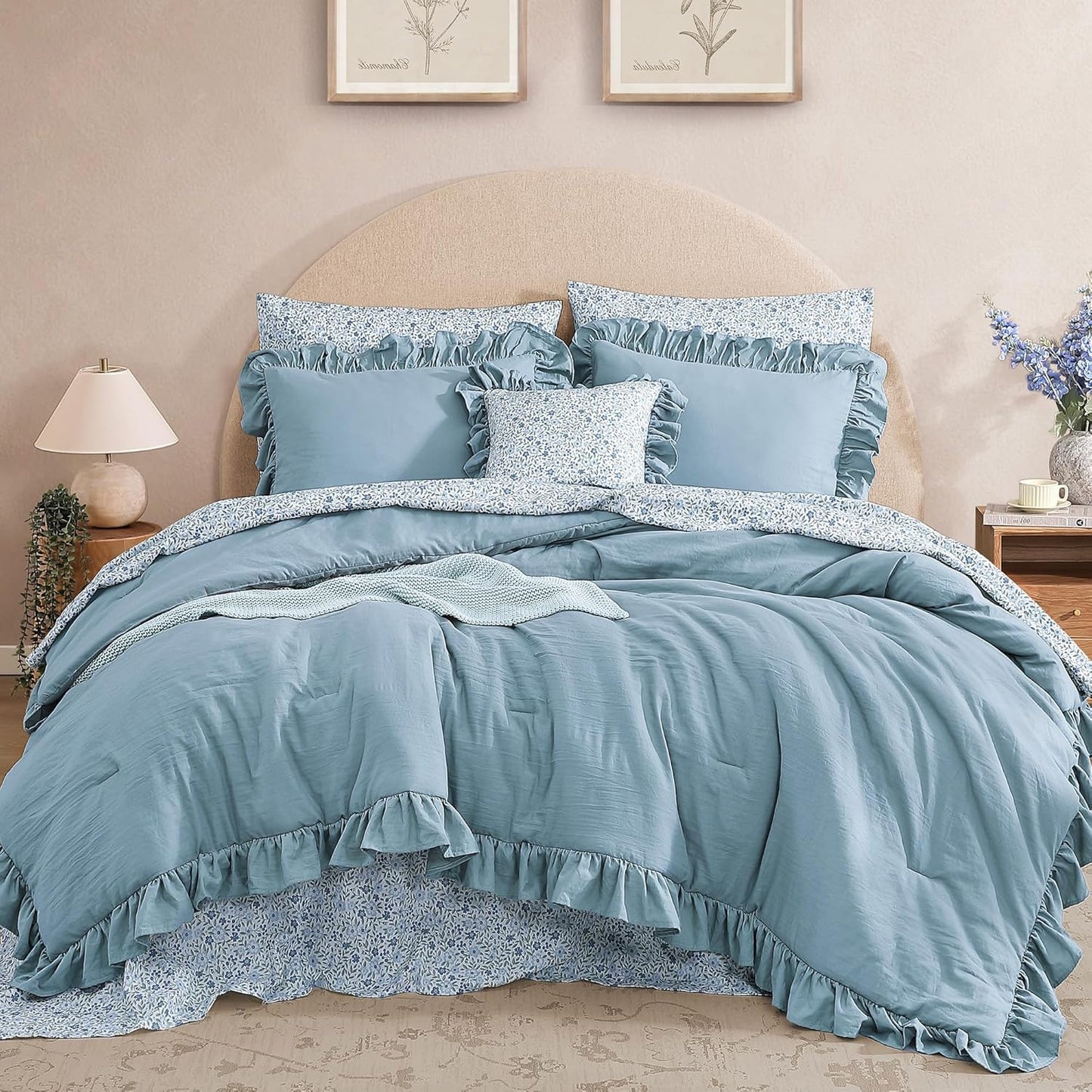 King Comforter Set with Ruffles and Floral Accents for Cozy Bedrooms