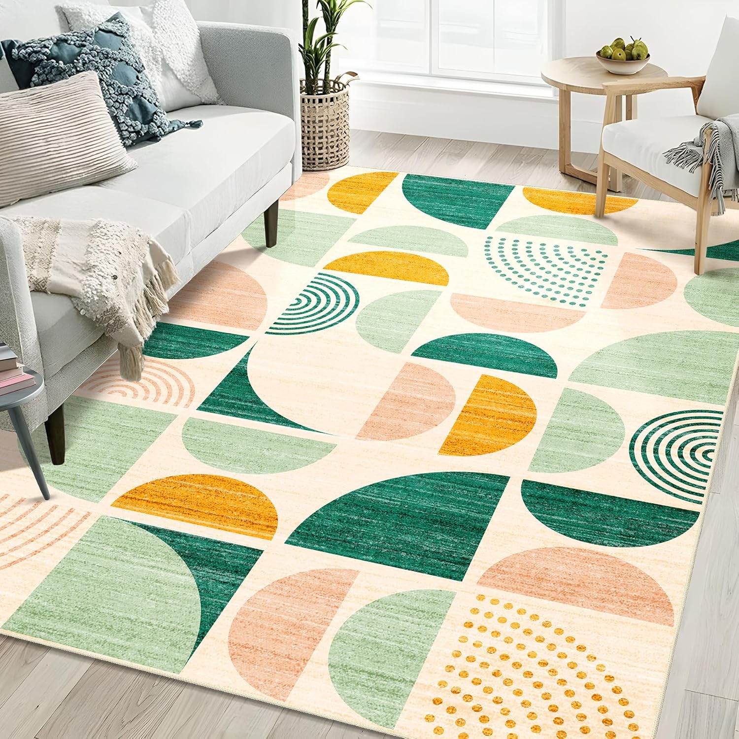 MUJOO Green Rug Boho Washable 5x7 Area Rug for Living Room