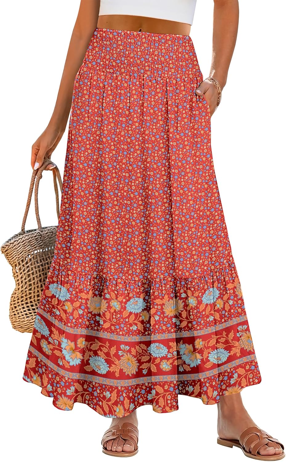 Bohemian Floral Maxi Skirt for Women with Pockets and Comfort