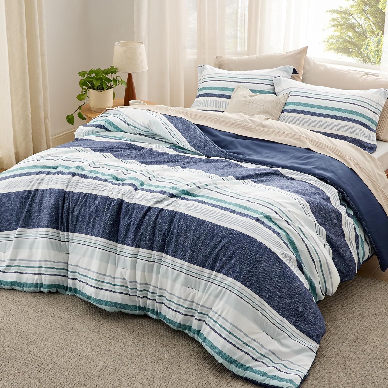 Bedsure Comforter Set Queen Size - Soft Reversible Blue Bedding