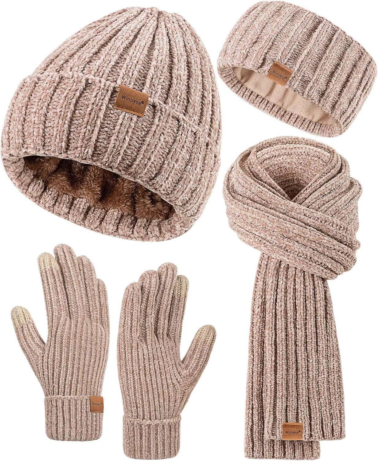 Women Beanie Scarf Gloves Headband Set for Winter Warmth