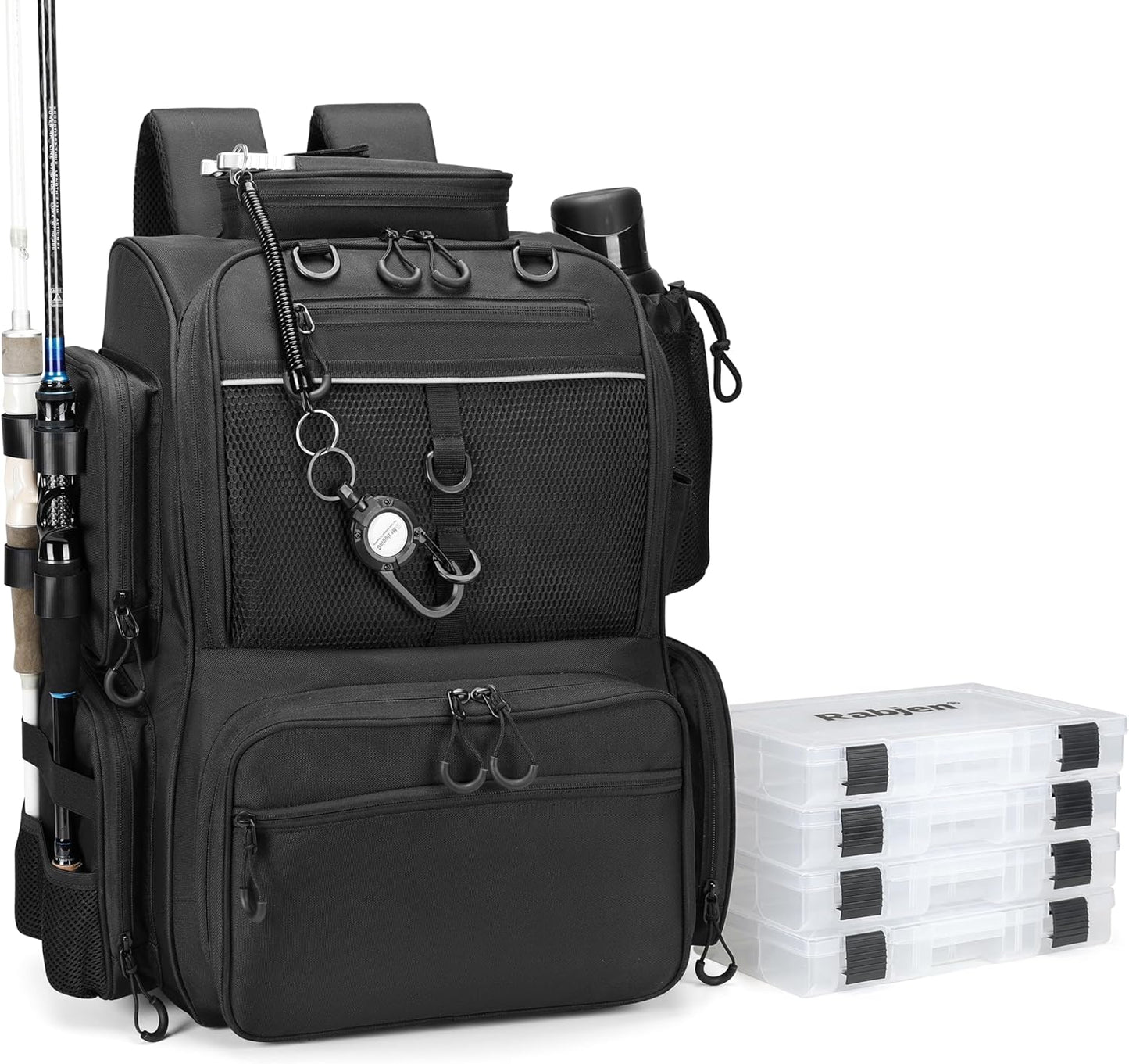 Rabjen Fishing Backpack: Tackle, Rod Holders, Storage