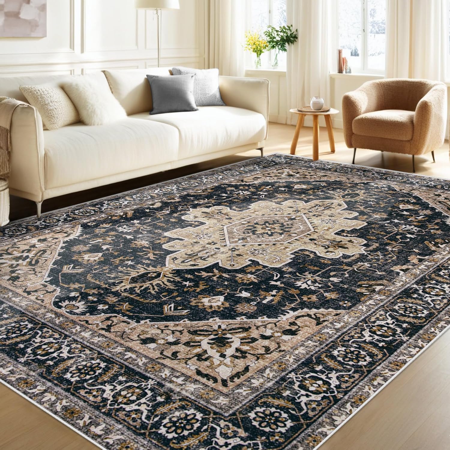 Vintage 5x7 Area Rug: Soft Non-Slip Washable Living Room Carpet