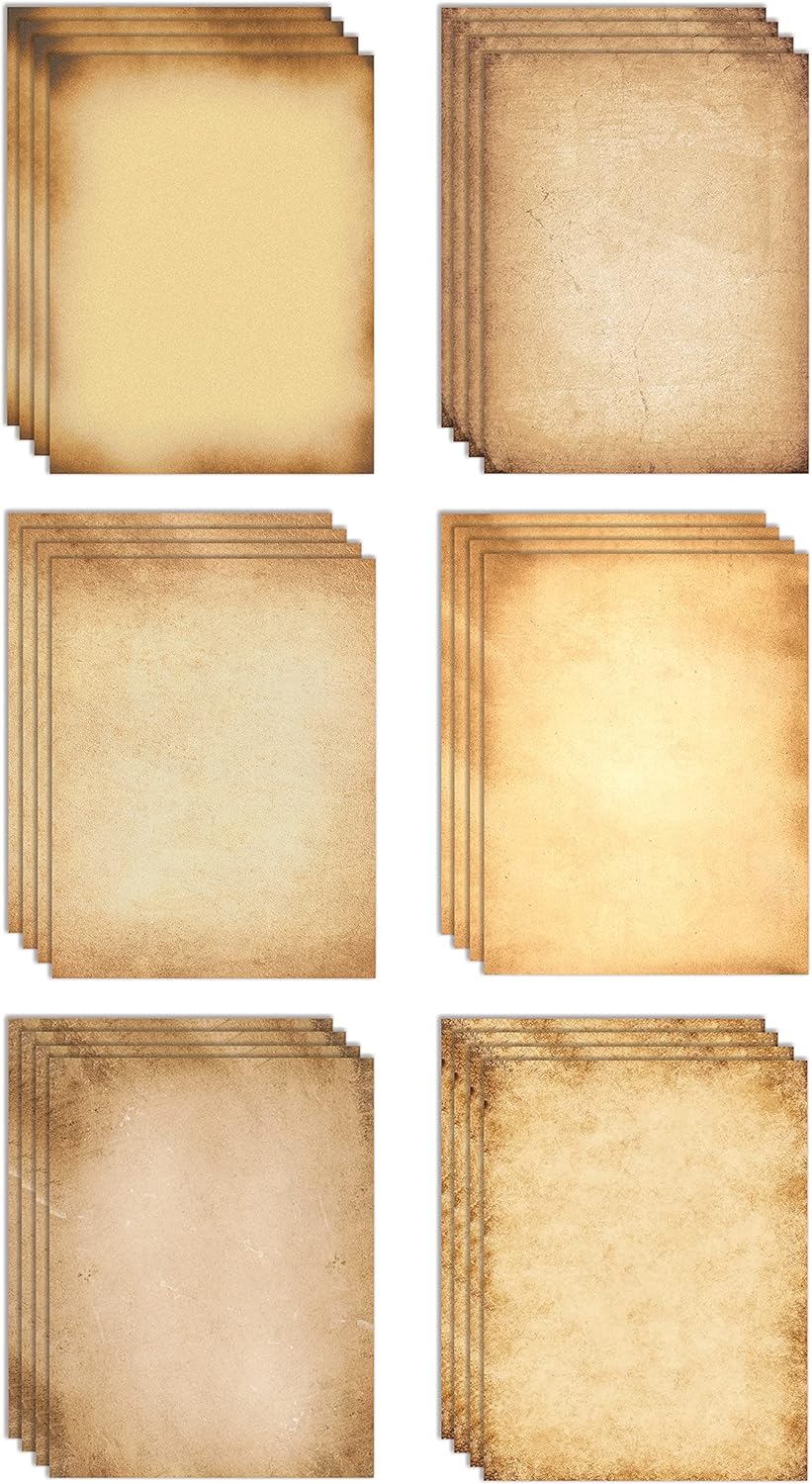 Vintage Aged Parchment Paper, 100 Sheets, 6 Designs