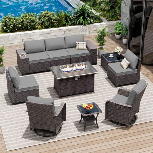 10 Pieces Patio Furniture Set with Swivel Chairs and Fire Pit