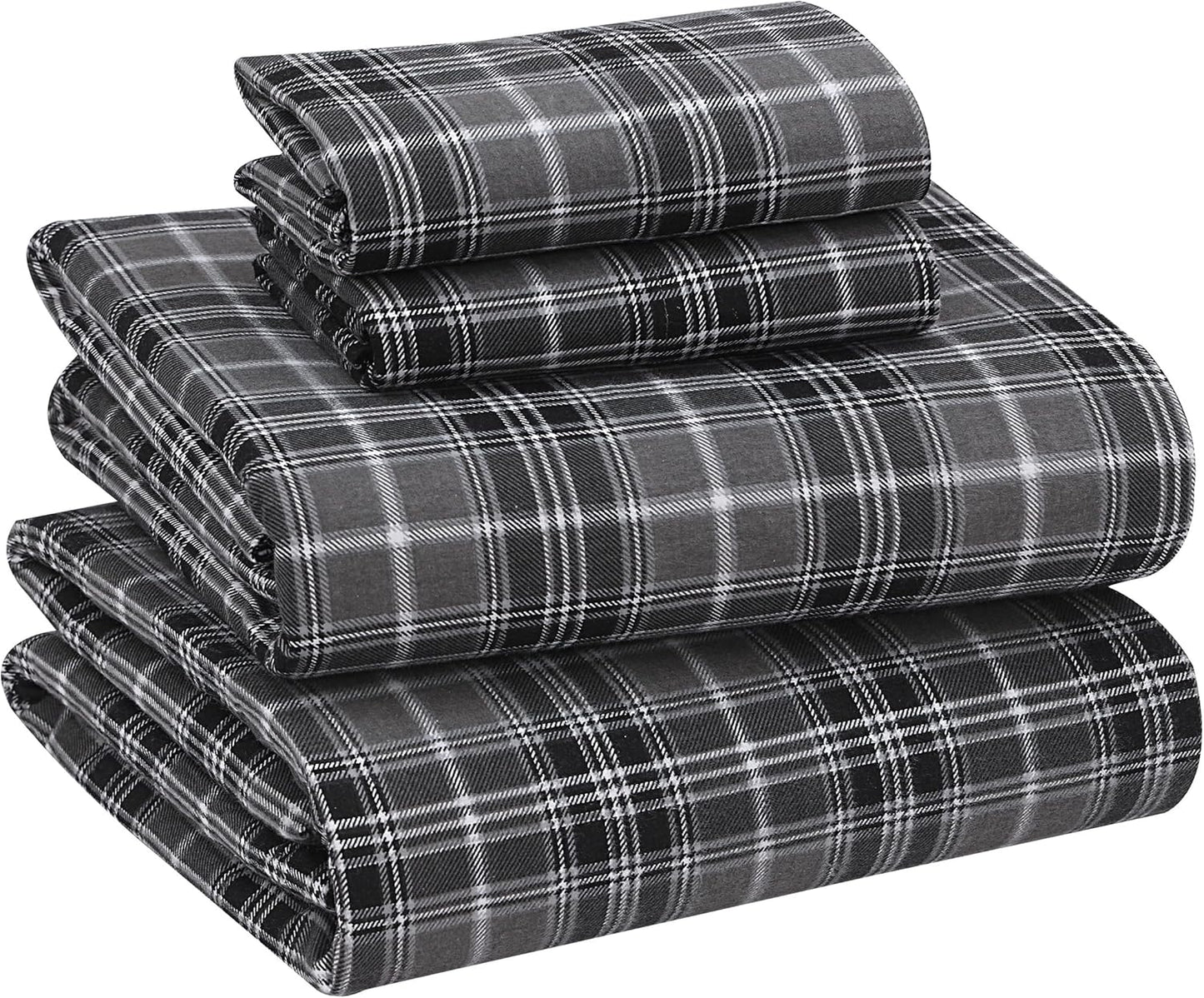 RUVANTI Flannel Sheets King Size Set - Soft & Cozy Grey Plaid