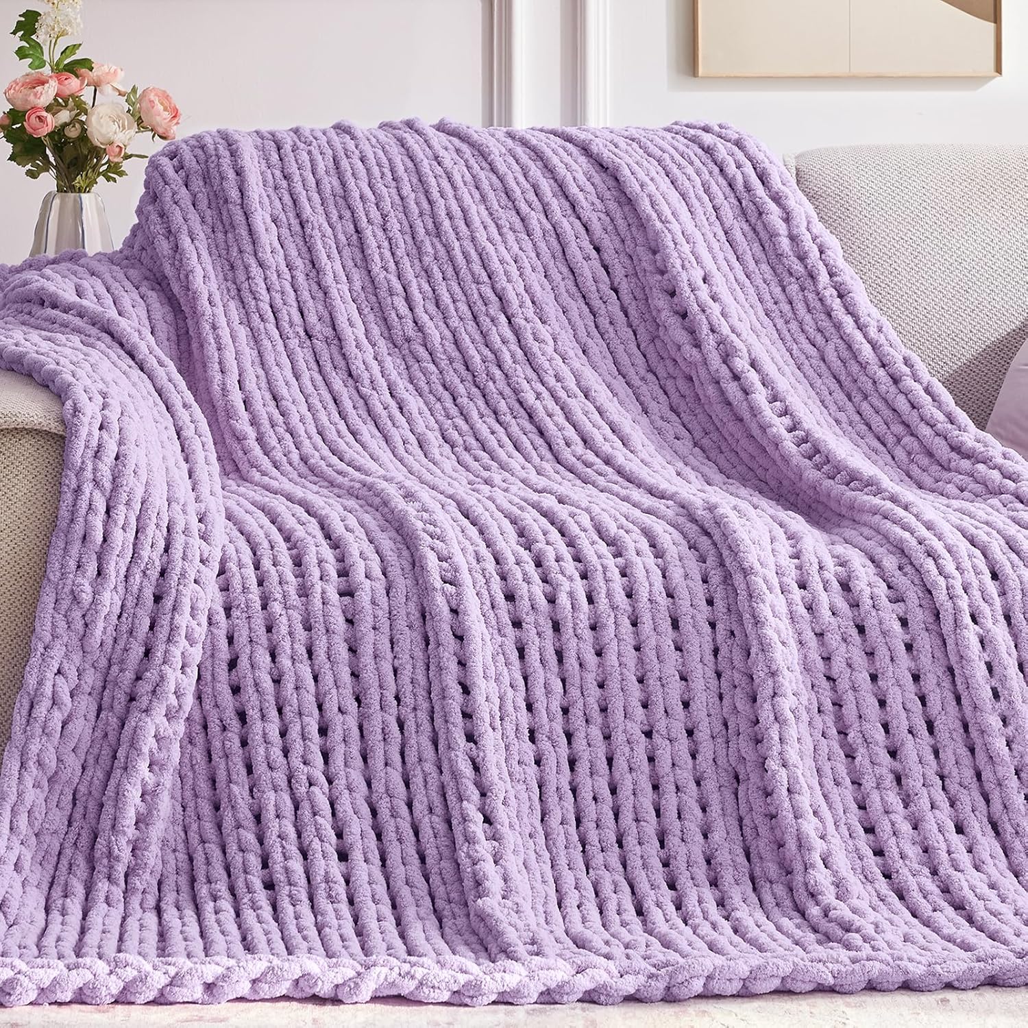 Chunky Knit Throw Blanket for Bed Couch - Handmade Chenille Yarn
