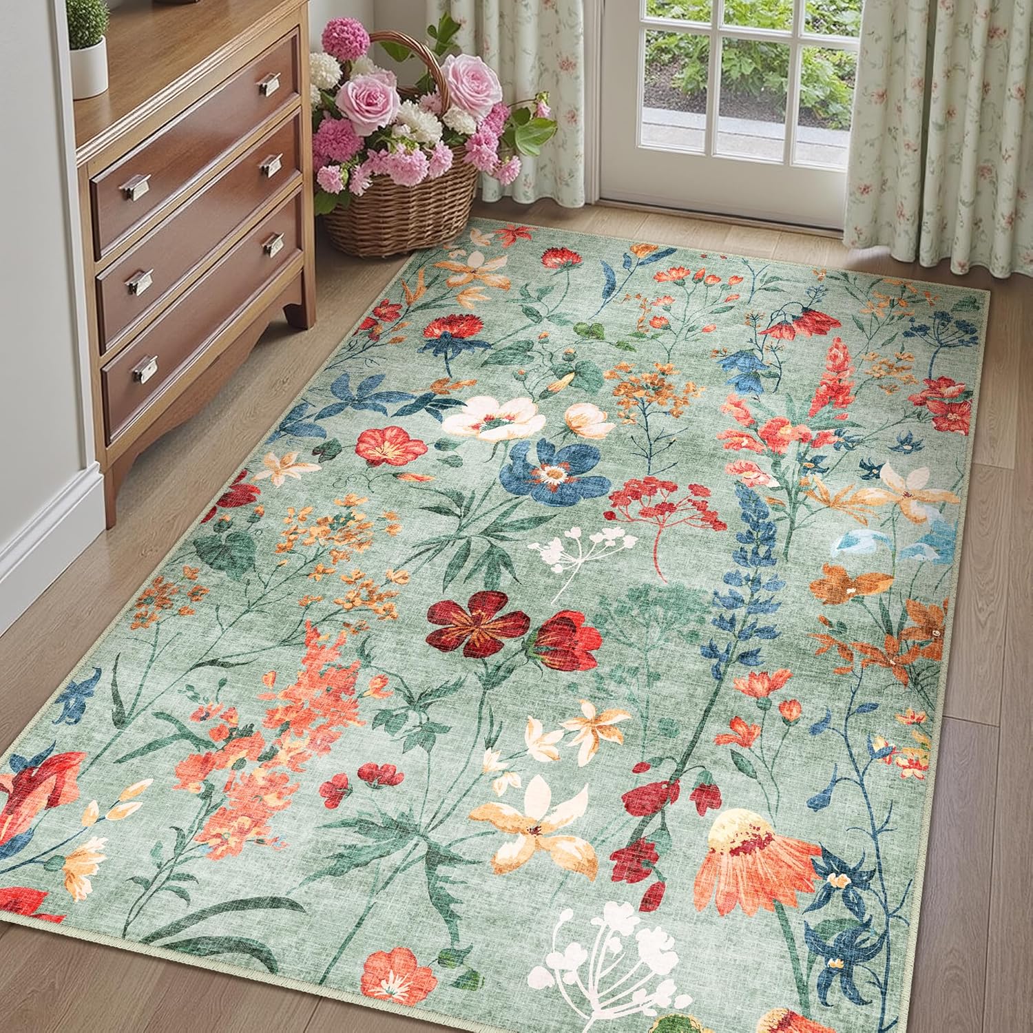 Green Area Rug 5x7 Floral Washable Non Slip Soft Indoor Carpet